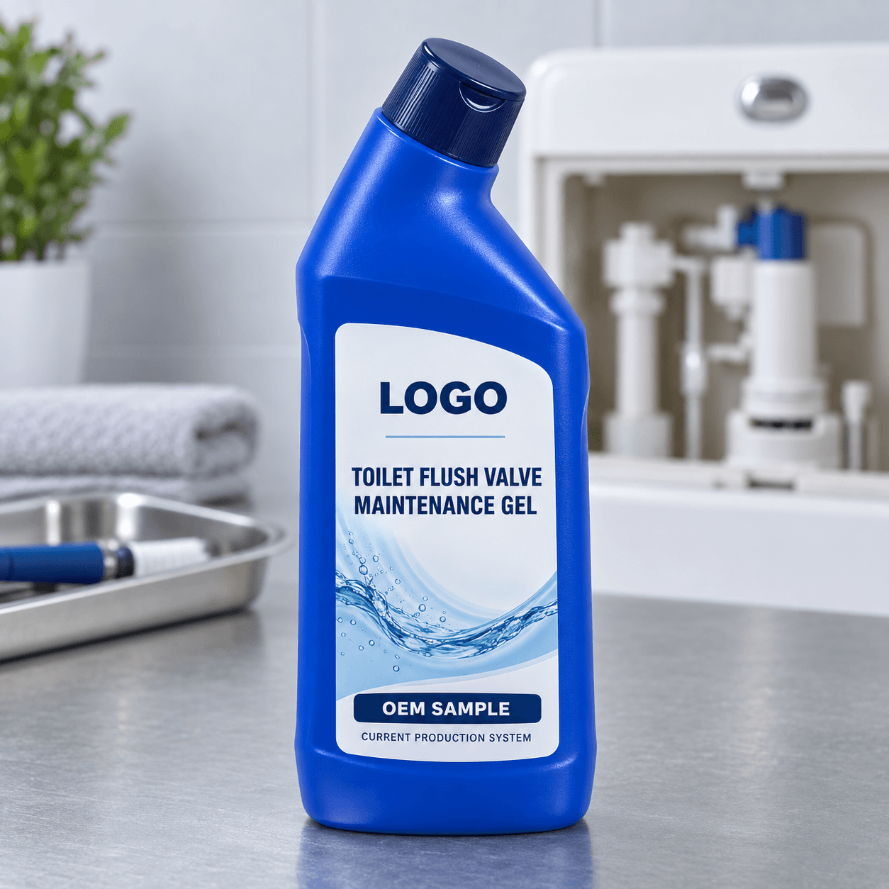 Existing cobalt-blue 600 g directional HDPE bottle with navy flip-top closure and fitted LOGO, TOILET FLUSH VALVE MAINTENANCE GEL, OEM SAMPLE and CURRENT PRODUCTION SYSTEM label on a cistern-care evaluation bench