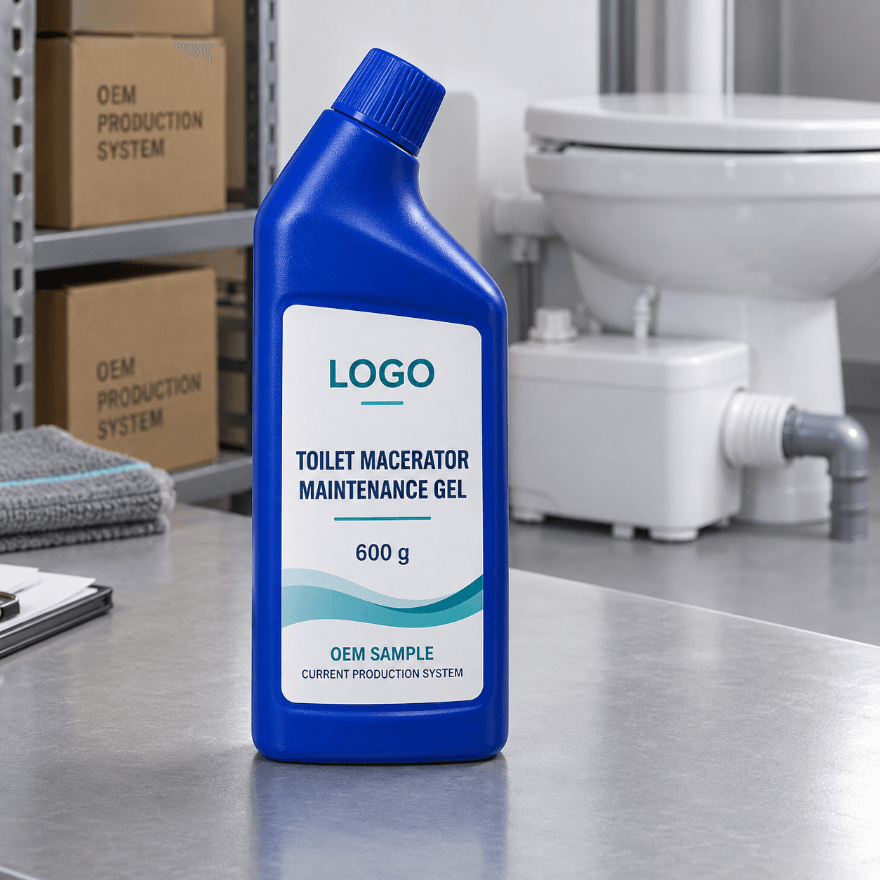 Existing cobalt-blue 600 g angled-neck HDPE bottle with fitted LOGO, TOILET MACERATOR MAINTENANCE GEL, OEM SAMPLE and CURRENT PRODUCTION SYSTEM label beside a domestic macerator toilet system
