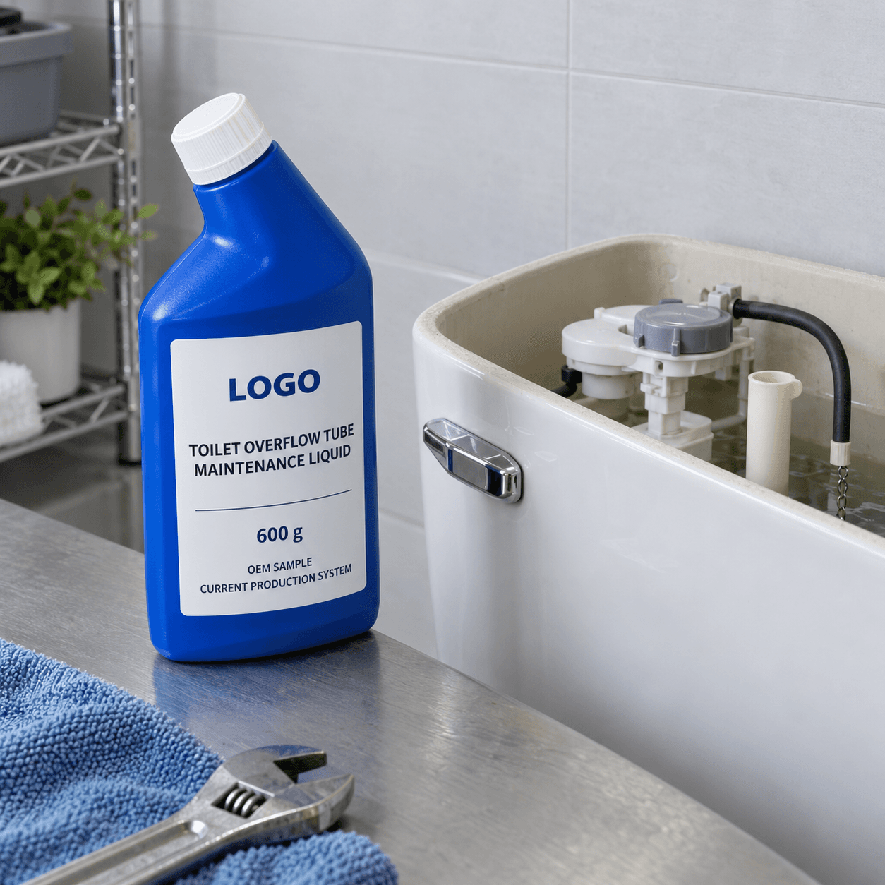 Existing cobalt-blue 600 g directional HDPE bottle with white screw closure and fitted LOGO, TOILET OVERFLOW TUBE MAINTENANCE LIQUID, OEM SAMPLE and CURRENT PRODUCTION SYSTEM label beside an open toilet cistern