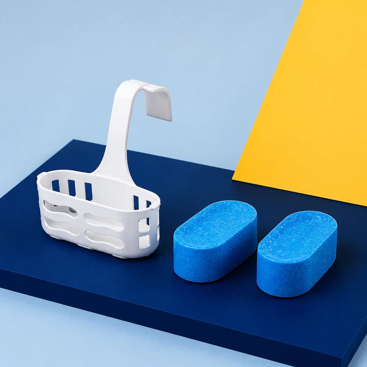 Illustrative unbranded toilet rim cage and blue refill block concept