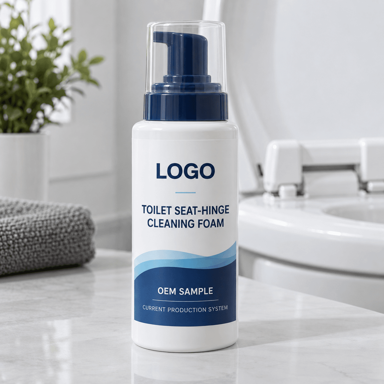 Existing warm-white 450 mL foam-pump bottle with navy pump, clear protective cap and fitted LOGO, TOILET SEAT-HINGE CLEANING FOAM, OEM SAMPLE and CURRENT PRODUCTION SYSTEM label beside a toilet seat hinge