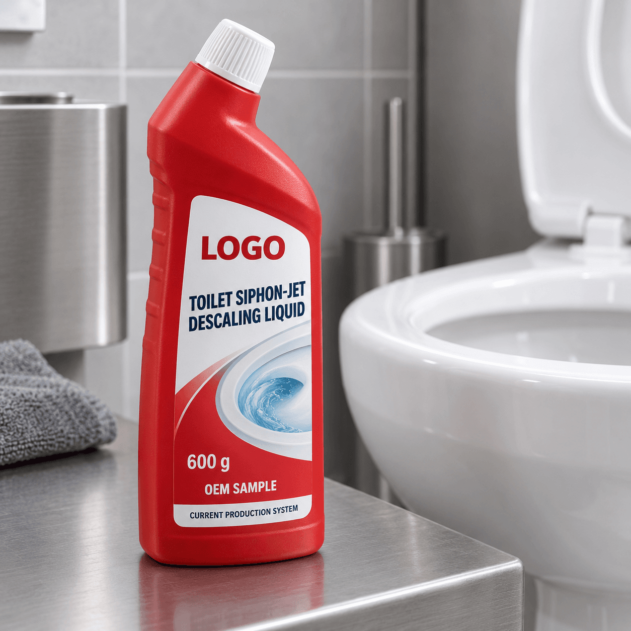 Existing red 600 g directional HDPE bottle with white screw closure and fitted LOGO, TOILET SIPHON-JET DESCALING LIQUID, OEM SAMPLE and CURRENT PRODUCTION SYSTEM label on a washroom-maintenance counter beside a ceramic toilet