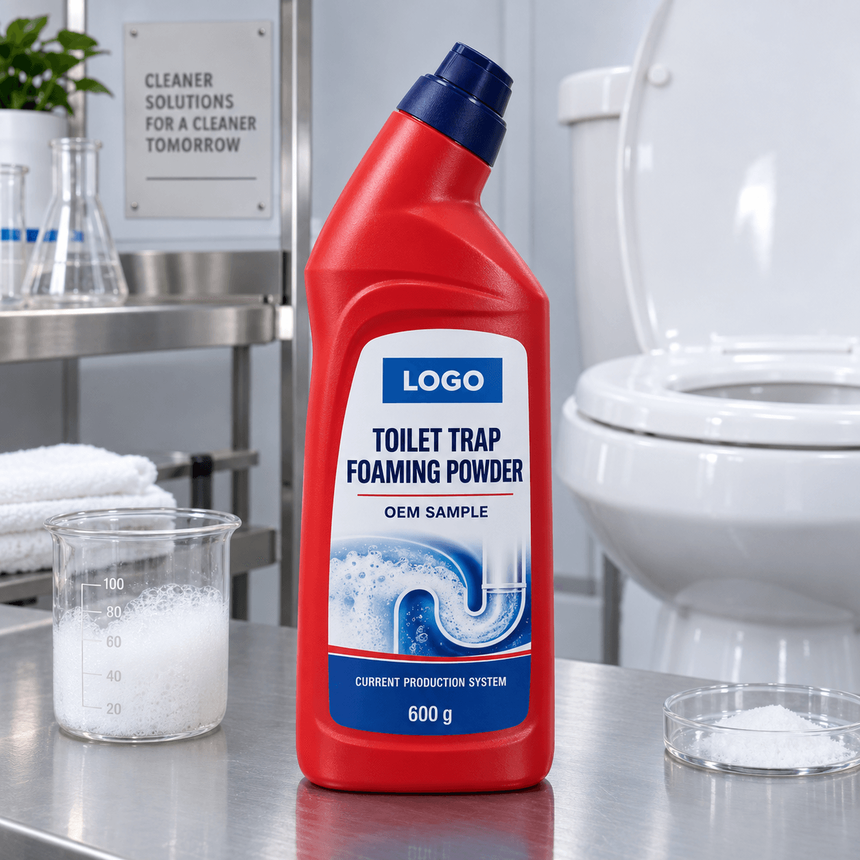 Existing red 600 g directional HDPE bottle with navy flip-top closure and fitted LOGO, TOILET TRAP FOAMING POWDER and OEM SAMPLE label on a toilet-care evaluation bench beside a foam test beaker