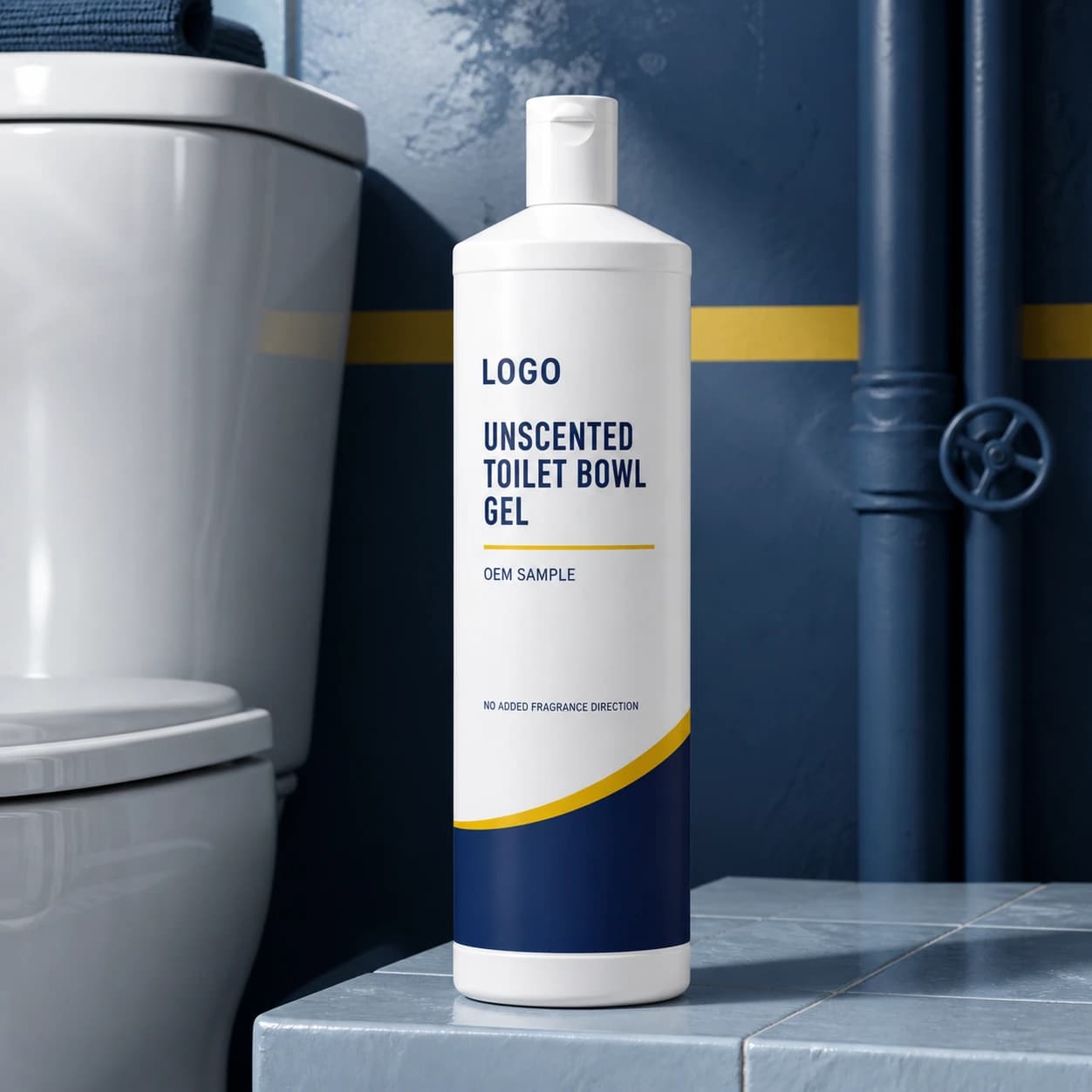 Existing white straight-sided 1 kg bottle with integrated LOGO, UNSCENTED TOILET BOWL GEL and OEM SAMPLE label beside a toilet in a blue industrial washroom setting