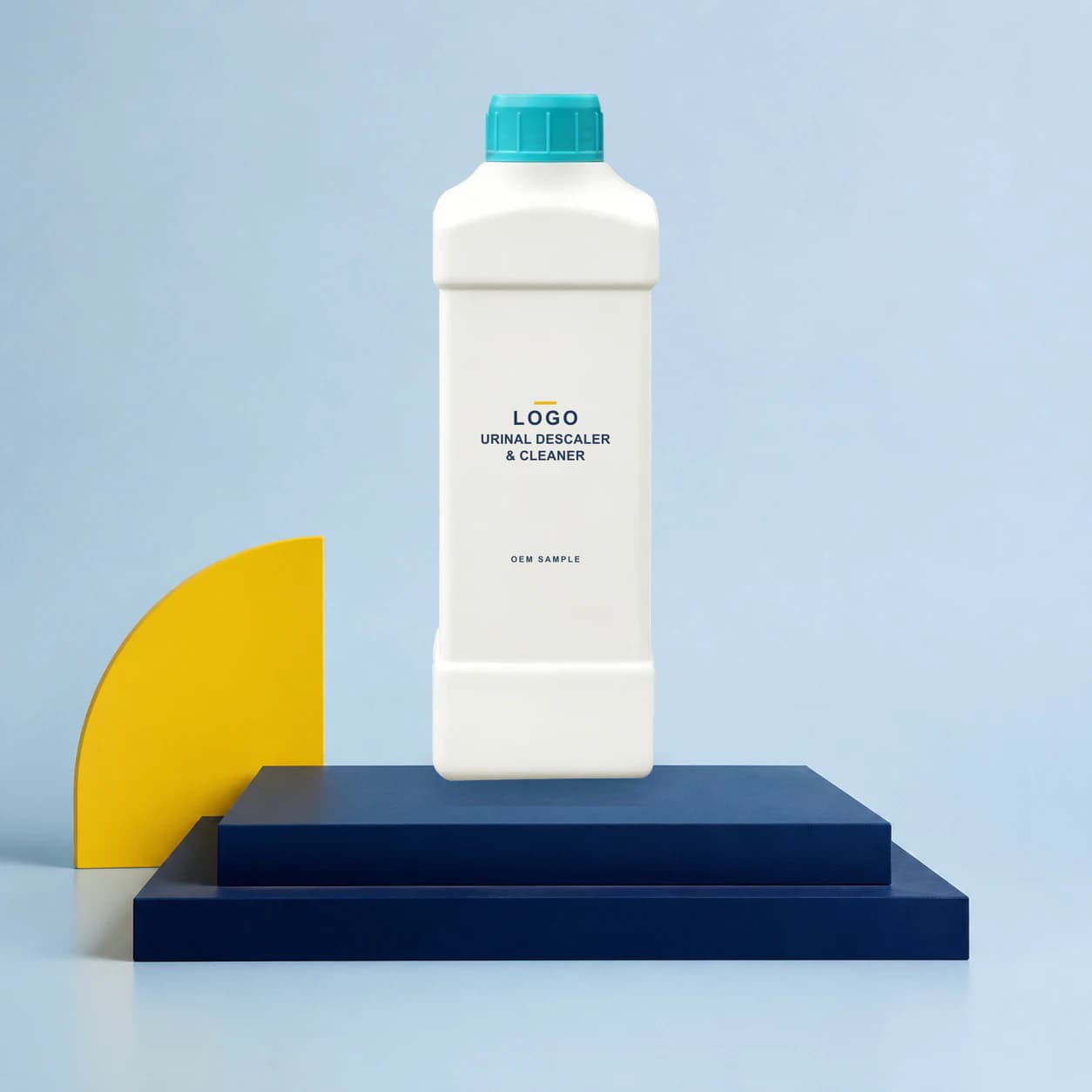 Existing straight bottle with illustrative LOGO, product name and OEM SAMPLE direct-print artwork for a commercial urinal descaler project