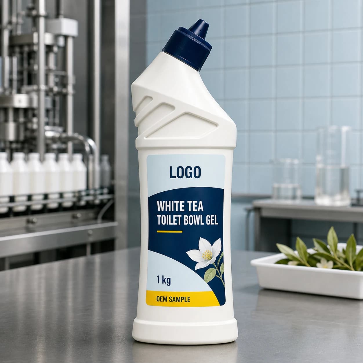 Existing warm-white 1 kg directional-neck bottle with navy cap and integrated LOGO, WHITE TEA TOILET BOWL GEL and OEM SAMPLE label on a toilet-care filling bench