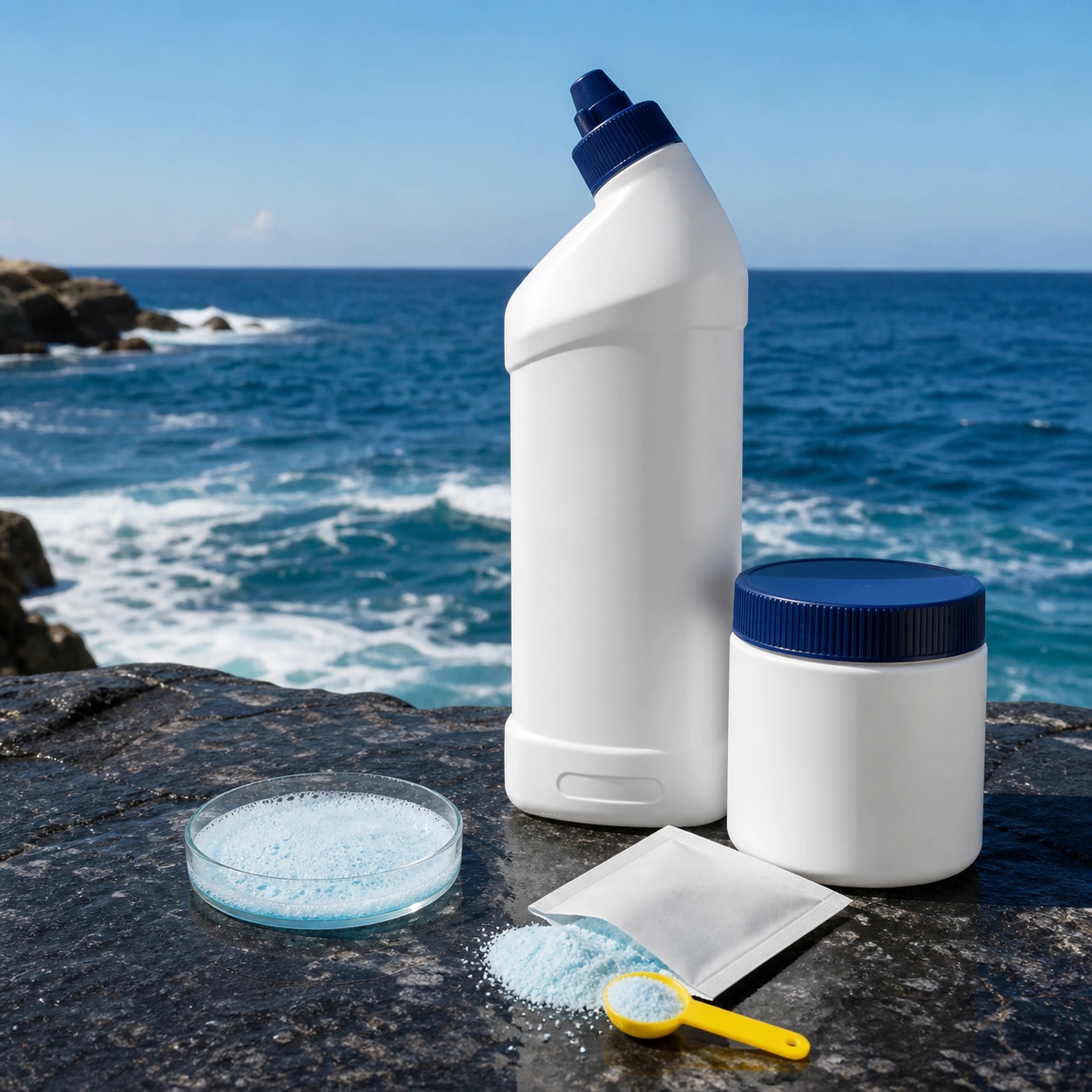Illustrative angled-neck toilet cleaner and toilet-cleaning bubble powder formats on a dry coastal stone ledge