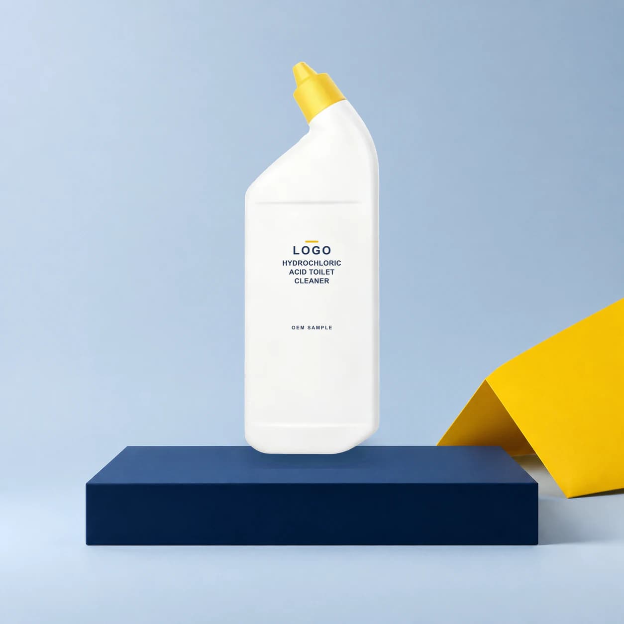 Existing angled-neck bottle with illustrative LOGO, product name and OEM SAMPLE direct-print artwork for a hydrochloric-acid toilet cleaner project