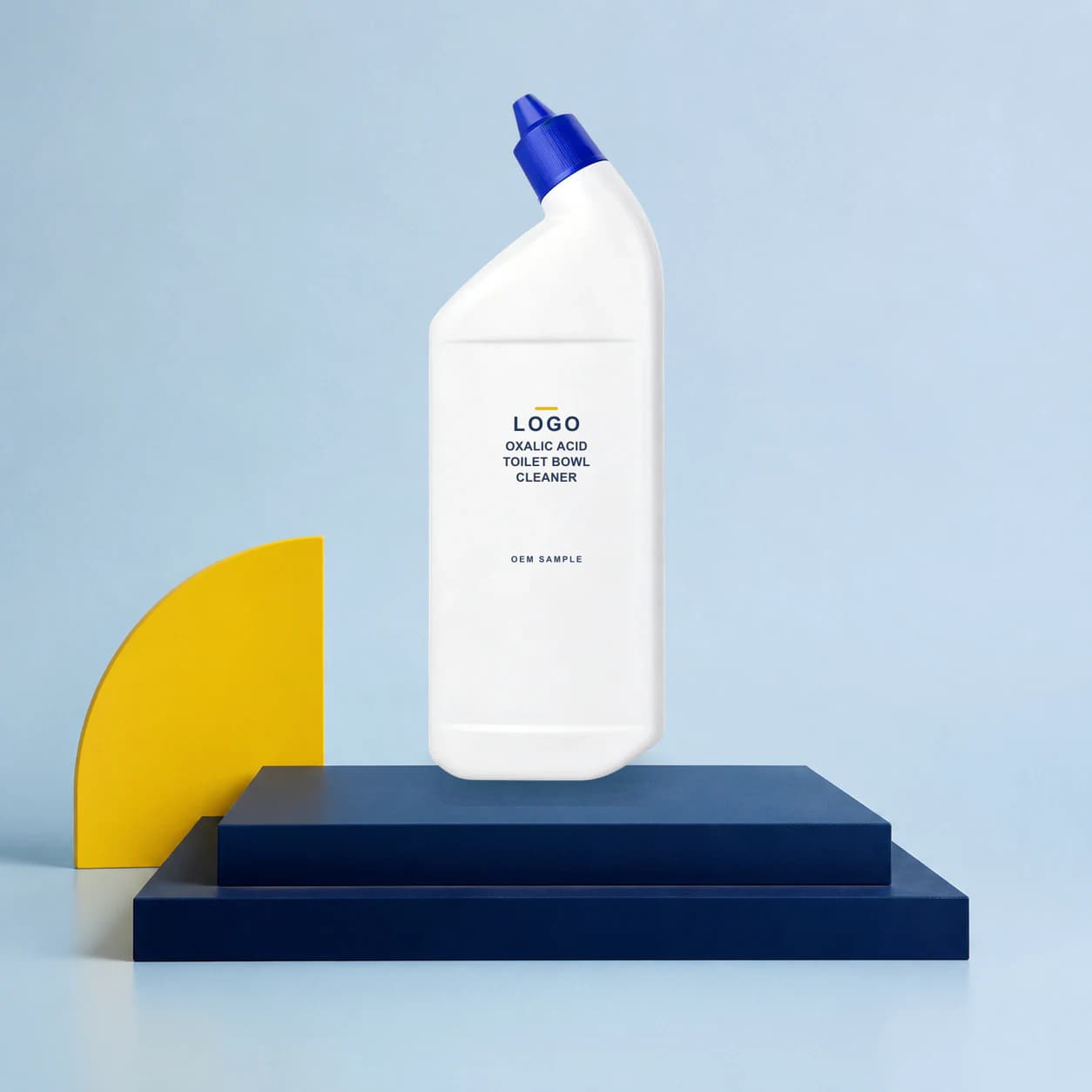 Existing angled-neck bottle with illustrative LOGO, product name and OEM SAMPLE direct-print artwork for an oxalic-acid toilet cleaner project