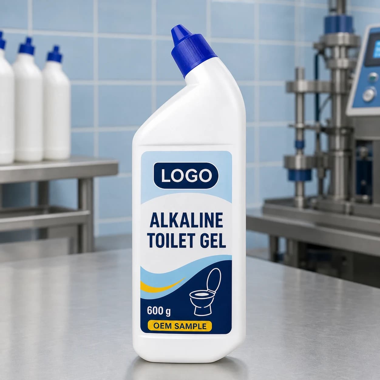 Existing opaque white 600 g directional-neck bottle with blue cap and integrated LOGO, ALKALINE TOILET GEL and OEM SAMPLE label on a packaging compatibility bench