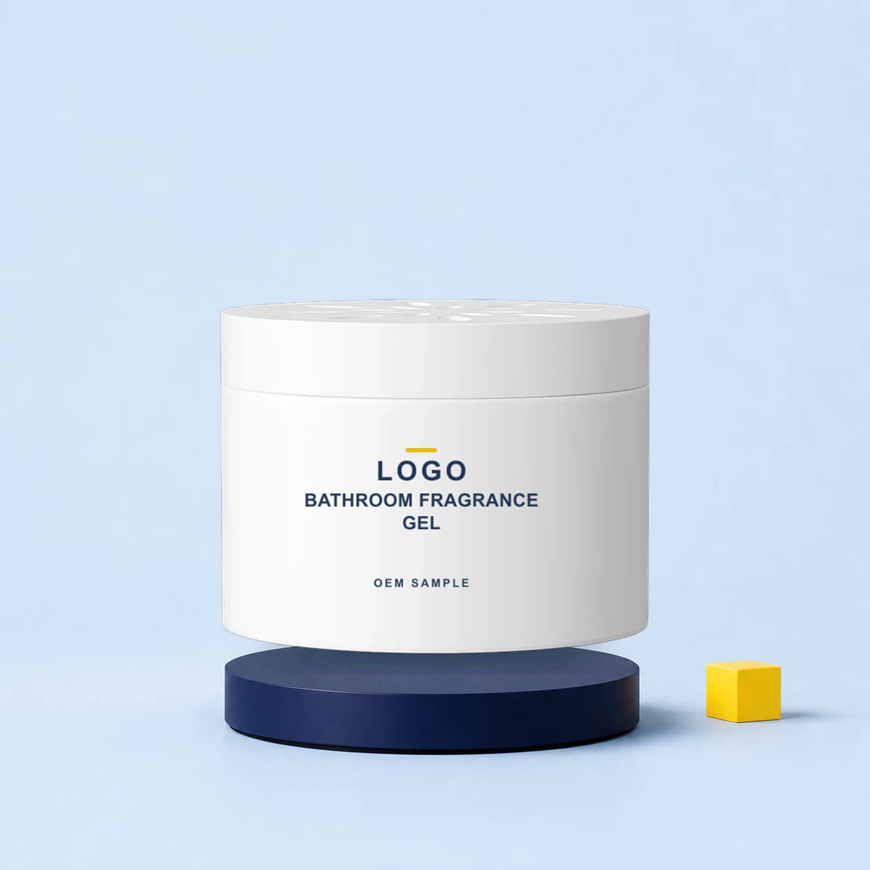 Existing low-profile pot with illustrative LOGO, product name and OEM SAMPLE direct-print artwork for a bathroom fragrance gel project