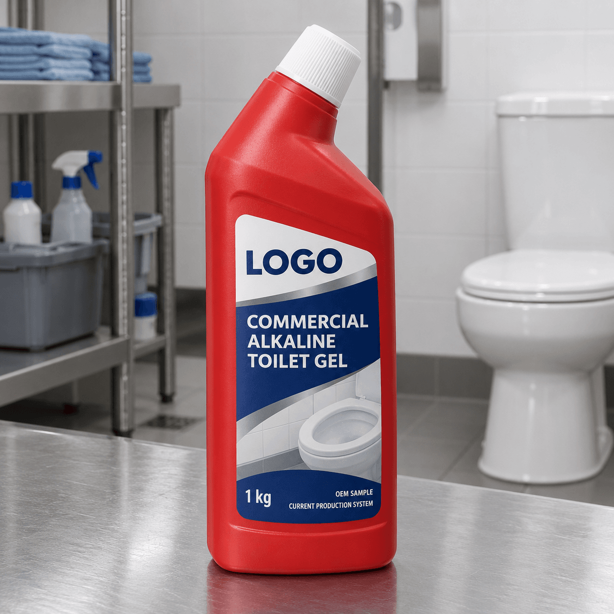 Existing red 1 kg industrial directional HDPE bottle with white ribbed closure and fitted LOGO, COMMERCIAL ALKALINE TOILET GEL, OEM SAMPLE and CURRENT PRODUCTION SYSTEM label in a commercial washroom service room