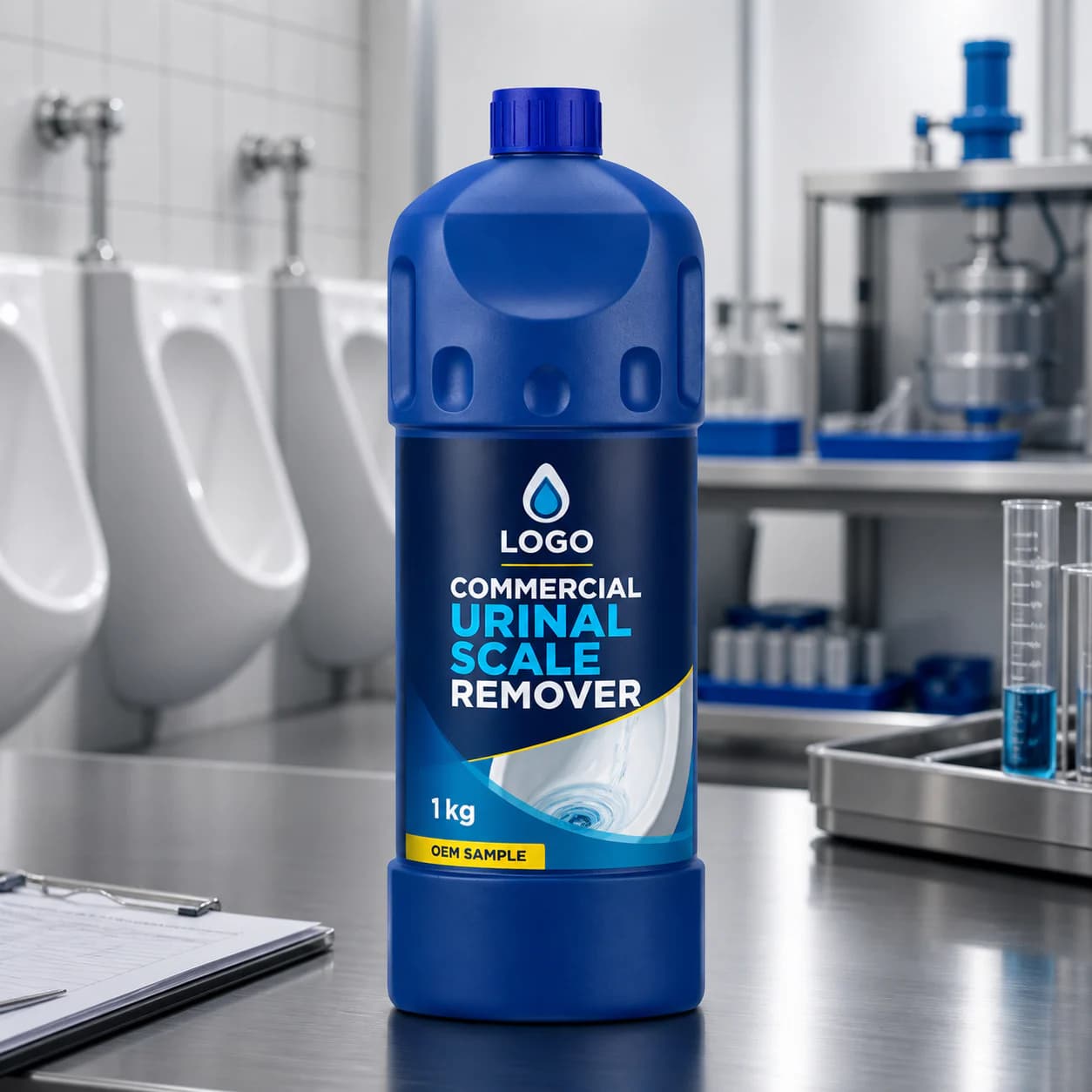 Blue 1 kg existing industrial bottle labelled Commercial Urinal Scale Remover and OEM SAMPLE in an institutional QC setting