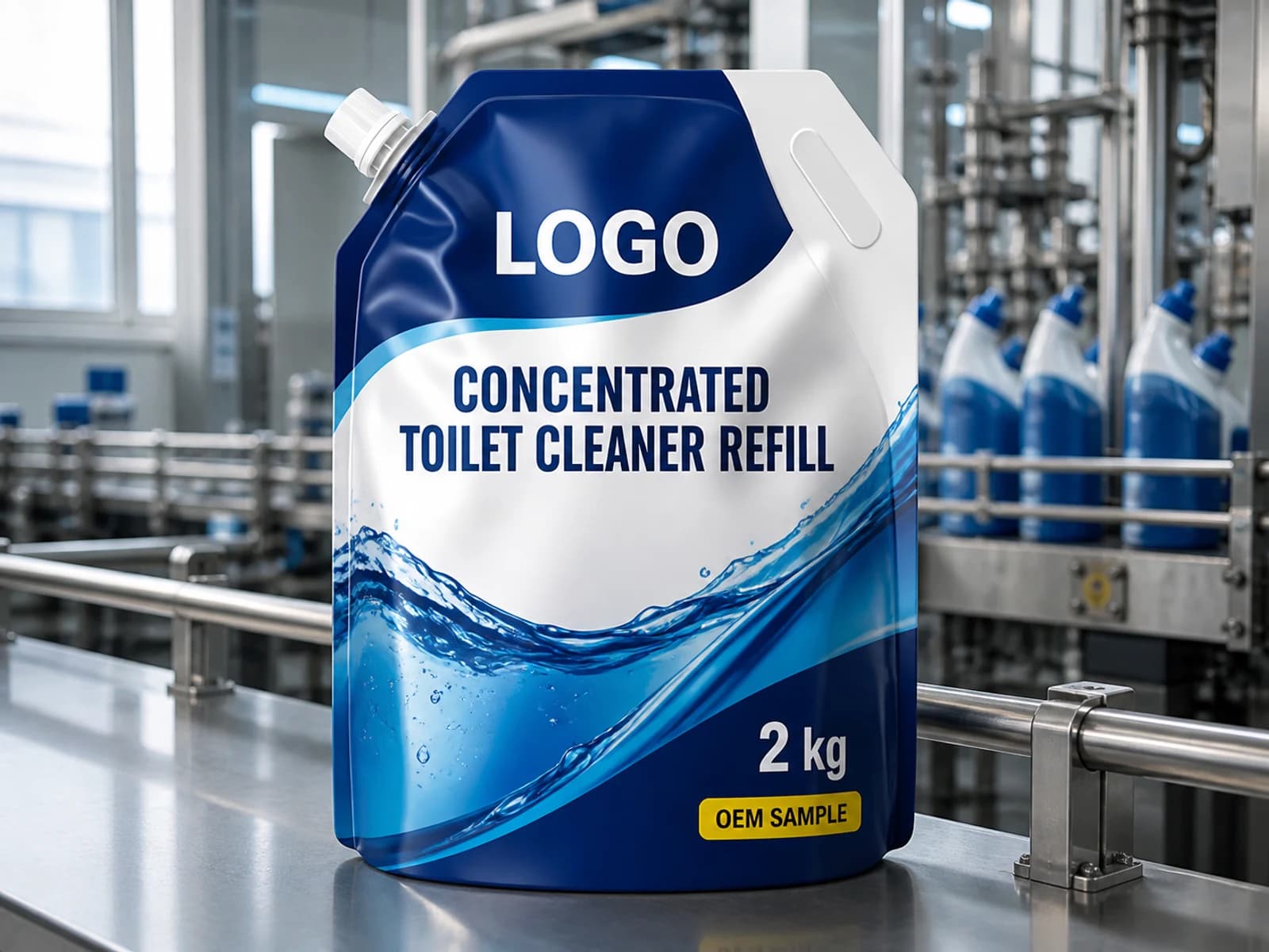 Existing spouted pouch labelled Concentrated Toilet Cleaner Refill, 2 kg and OEM SAMPLE on a refill-line inspection bench