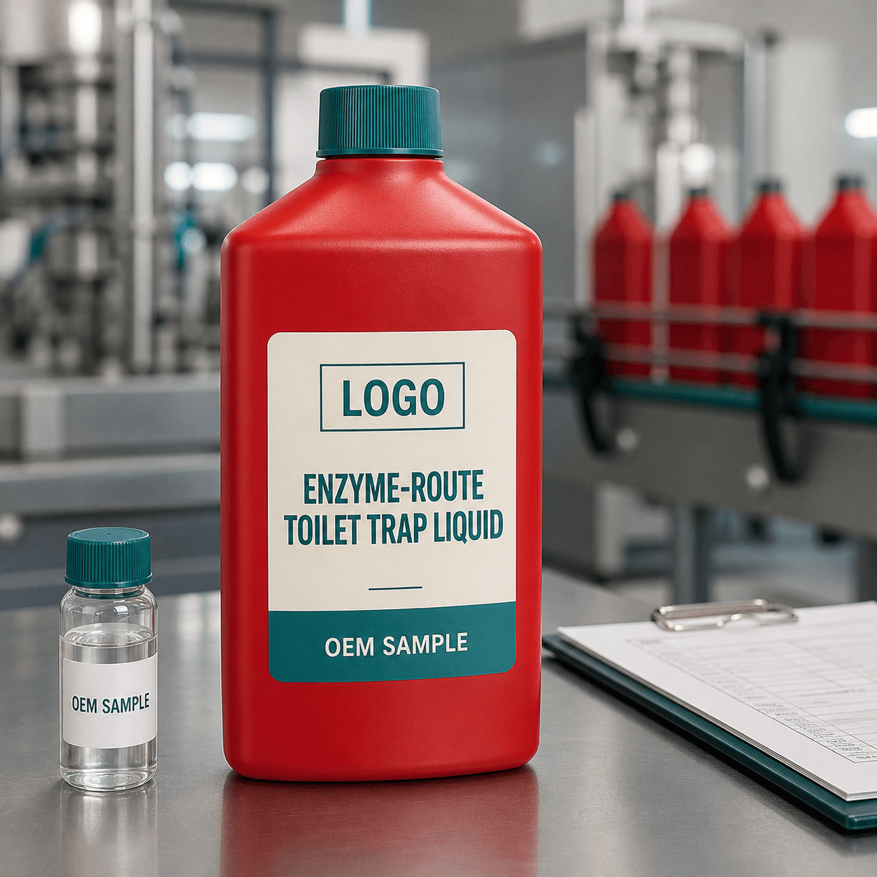 Existing red 600 g straight bottle with dark-teal closure and integrated LOGO, ENZYME-ROUTE TOILET TRAP LIQUID and OEM SAMPLE label on a conventional filling-line QC bench
