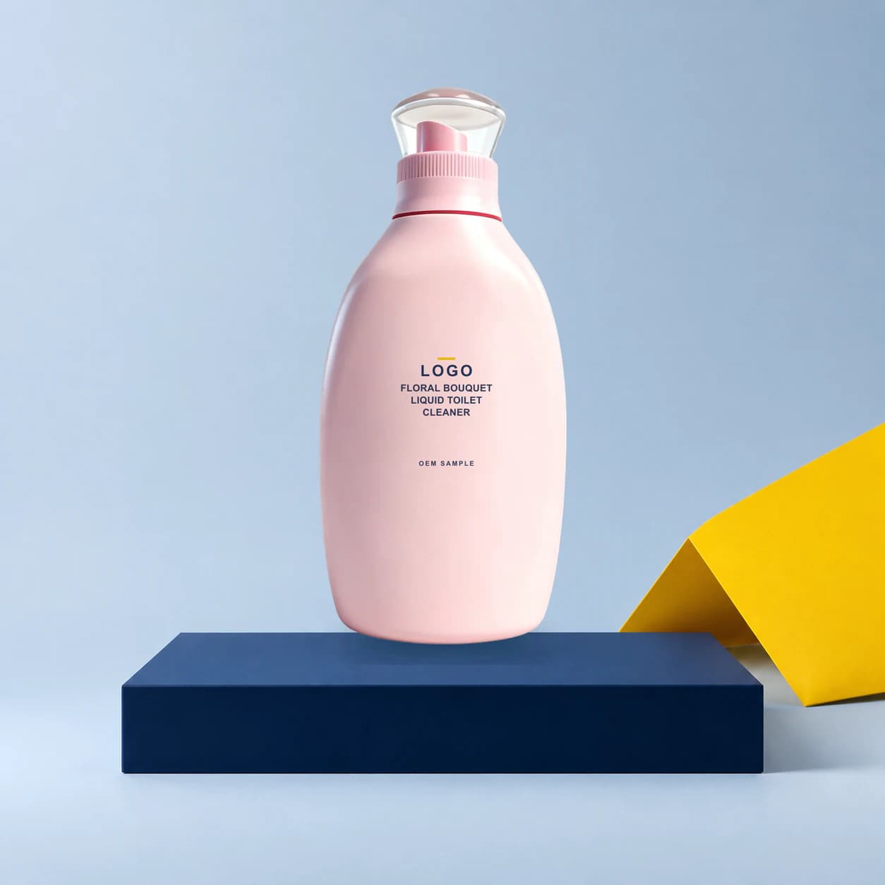 Existing pale-pink bottle with illustrative LOGO, product name and OEM SAMPLE direct-print artwork for a floral liquid toilet cleaner project