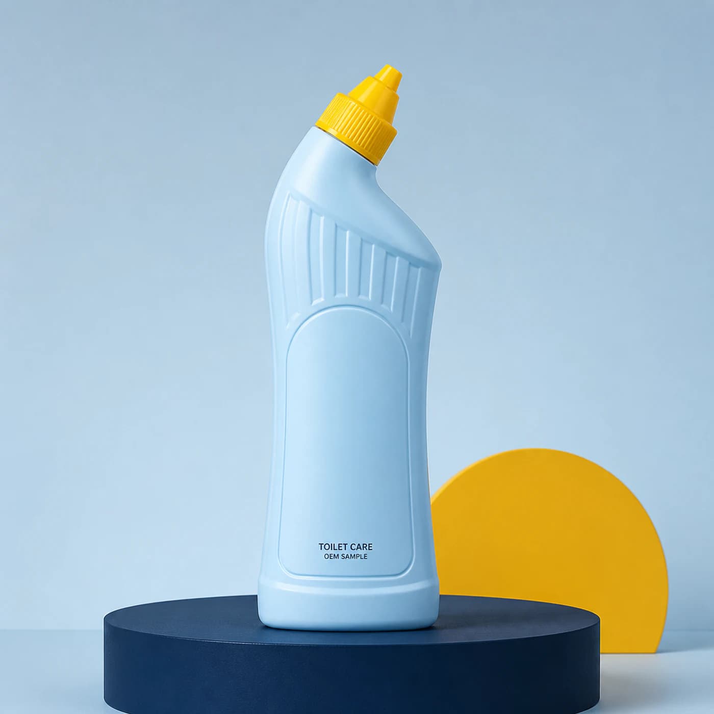 Illustrative ice-blue fluted private-mould bottle concept for floral-bouquet liquid toilet cleaner