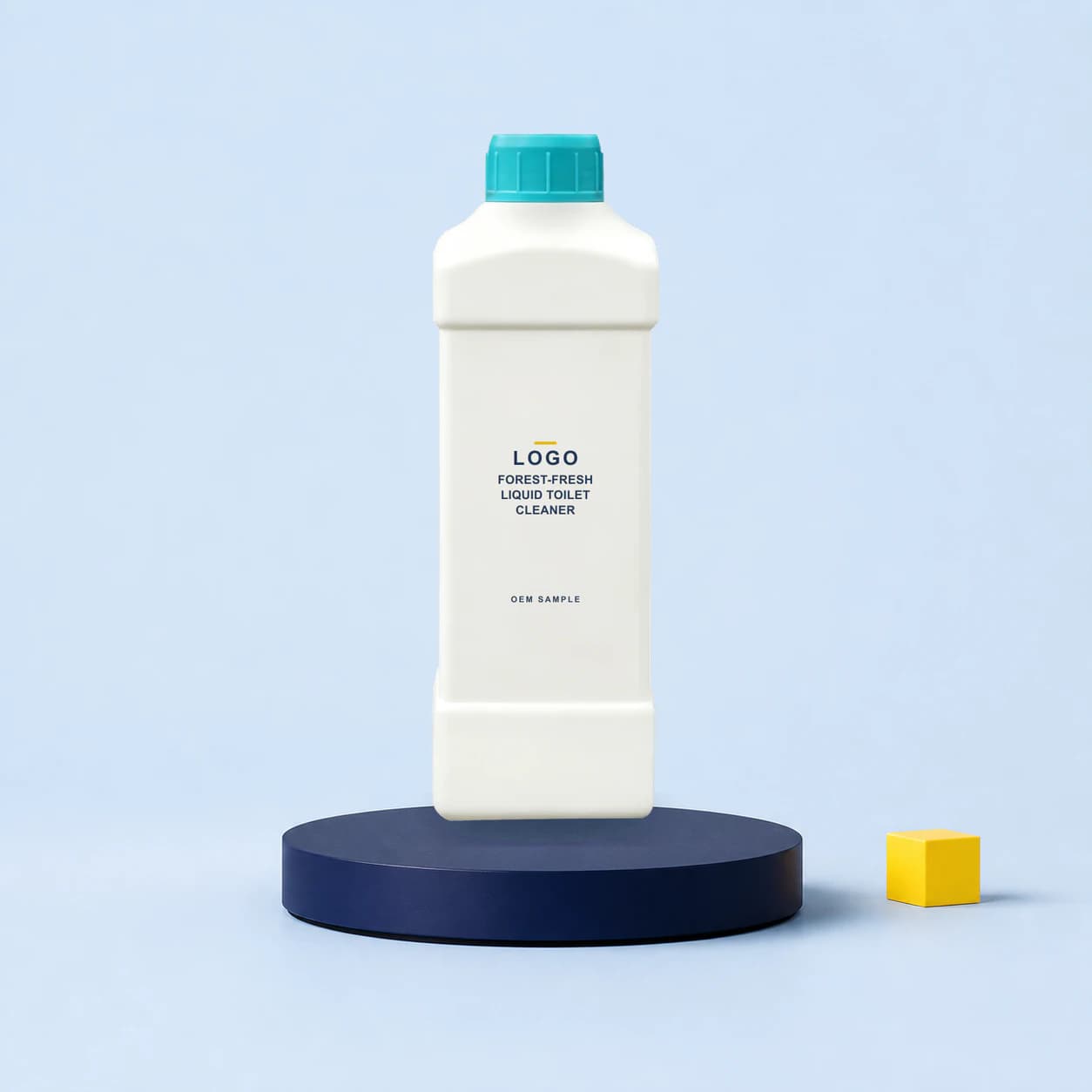 Existing straight bottle with illustrative LOGO, product name and OEM SAMPLE direct-print artwork for a forest-fresh liquid toilet cleaner project