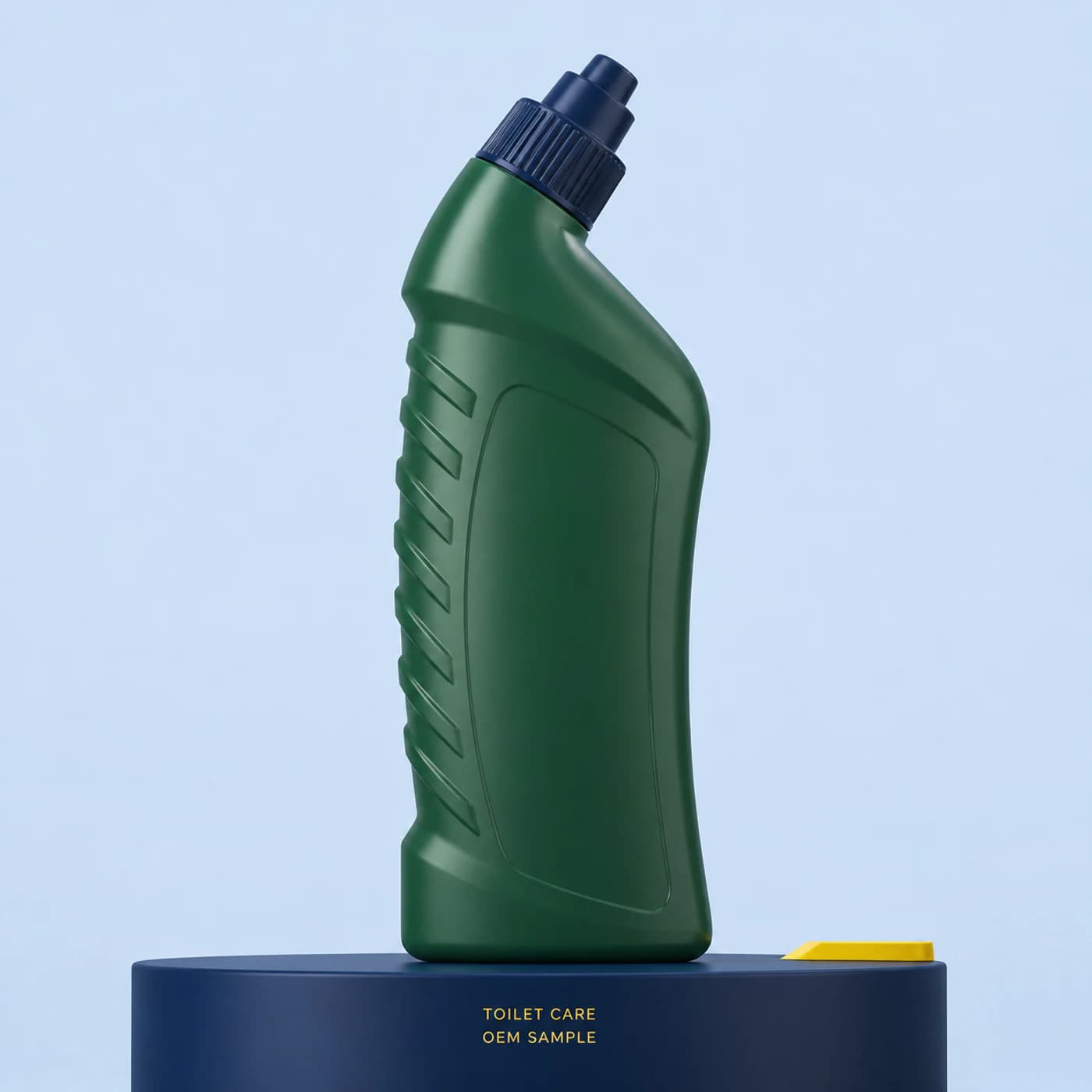 Illustrative deep-green private-mould angled-neck bottle concept for forest-fresh liquid toilet cleaner