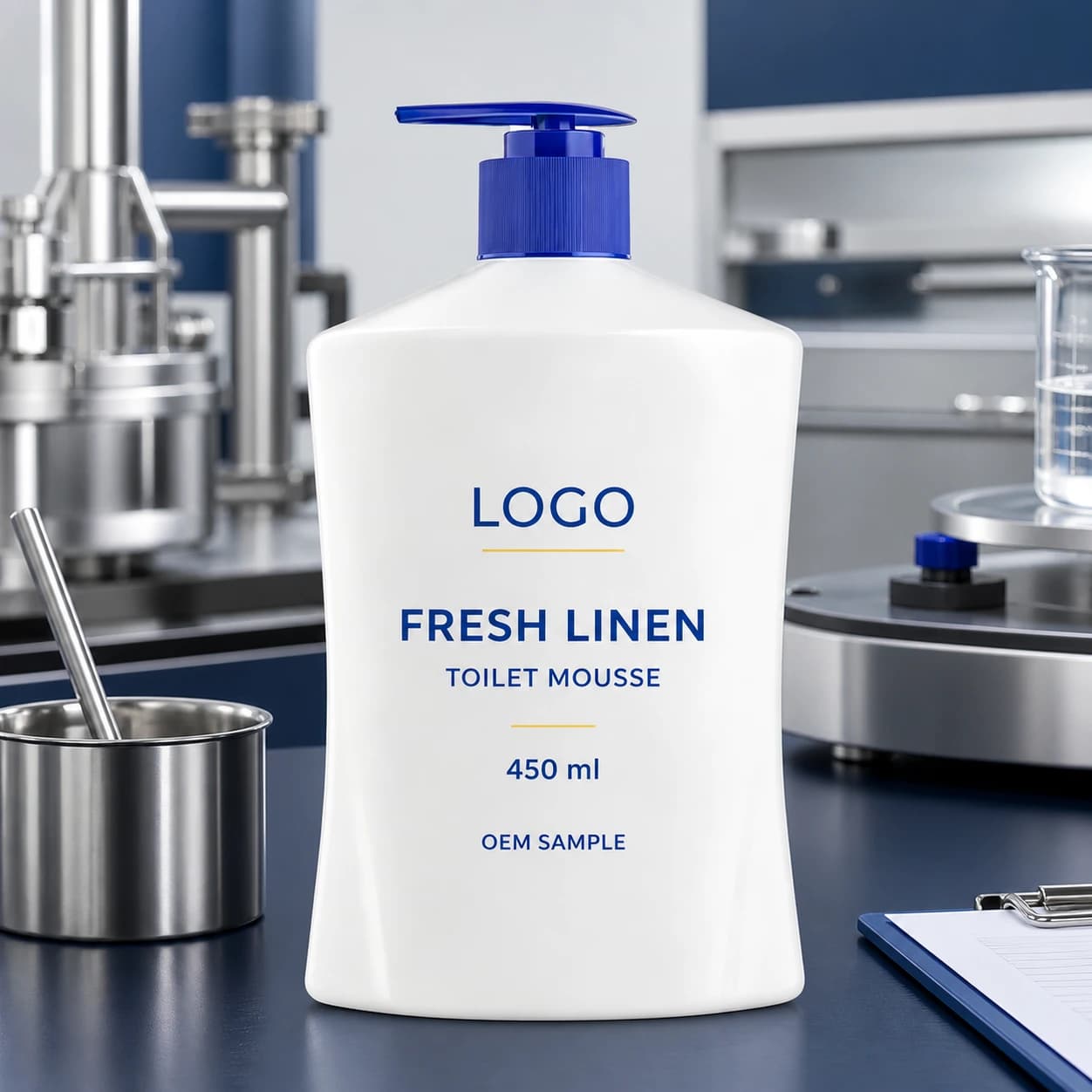 Existing white 450 ml foam-pump bottle with blue pump and integrated LOGO, FRESH LINEN TOILET MOUSSE and OEM SAMPLE label on a foam and fragrance compatibility bench