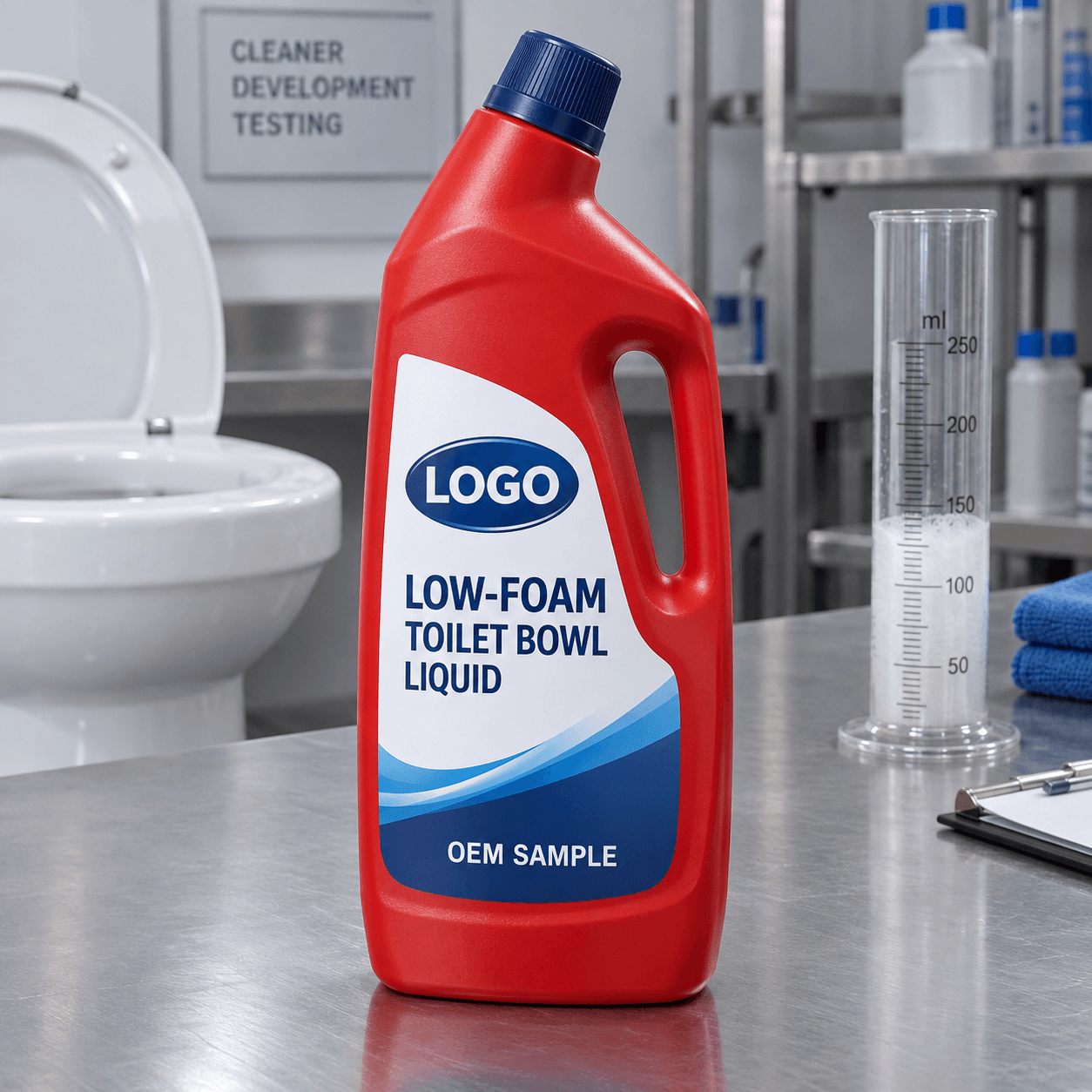 Existing red 1 kg industrial angled-neck bottle with integrated handle, navy closure and fitted LOGO, LOW-FOAM TOILET BOWL LIQUID and OEM SAMPLE label beside a foam comparison cylinder on a janitorial evaluation bench