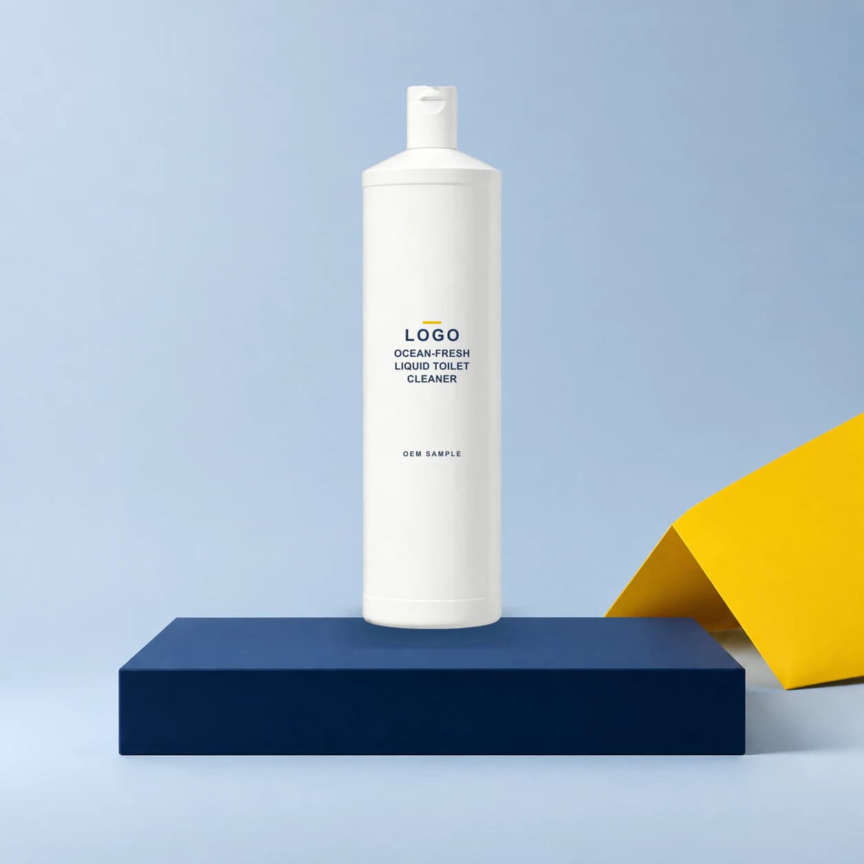 Existing straight white bottle with illustrative LOGO, product name and OEM SAMPLE direct-print artwork for an ocean-fresh liquid toilet cleaner project