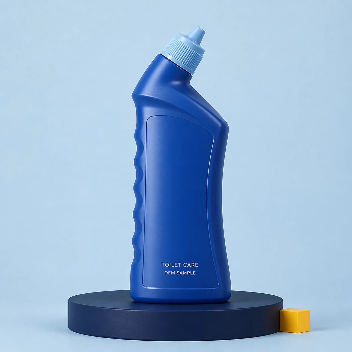 Illustrative cobalt wave-profile private-mould angled-neck bottle concept for ocean-fresh liquid toilet cleaner