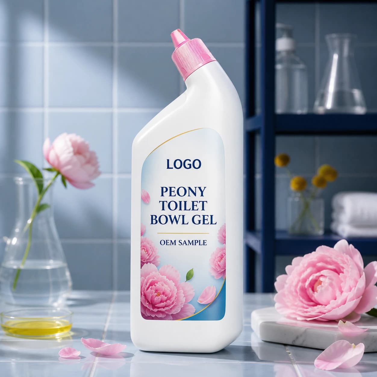 Existing white 600 g angled-neck bottle with pink directional closure and integrated LOGO, PEONY TOILET BOWL GEL and OEM SAMPLE label in a blue fragrance evaluation setting
