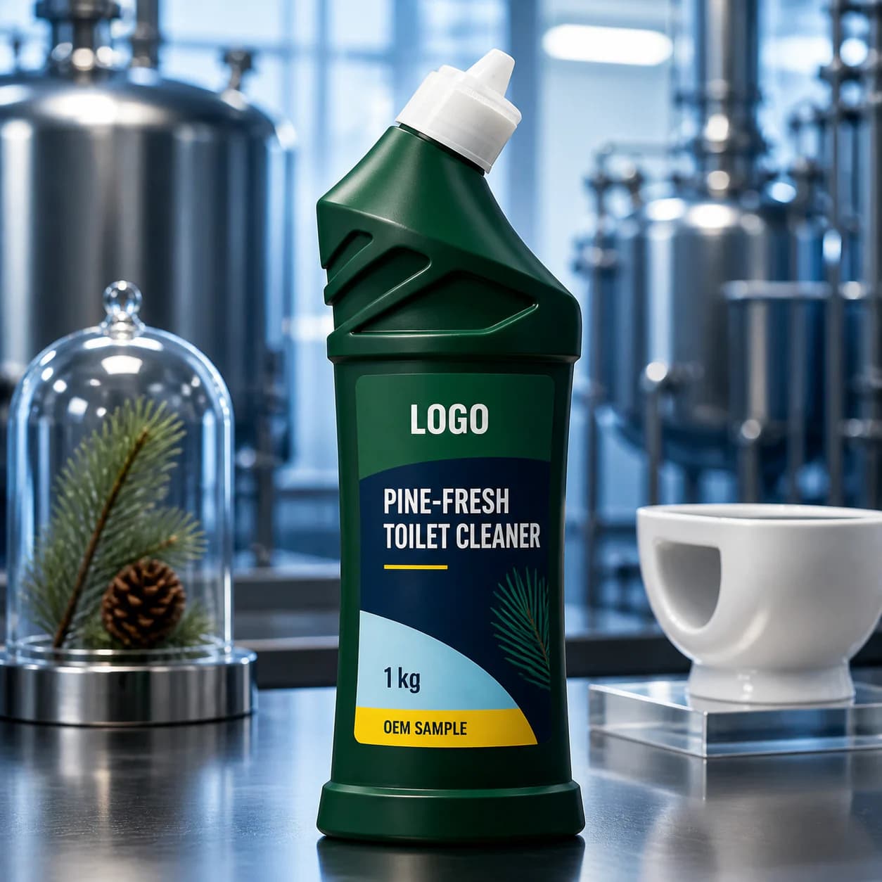 Deep green 1 kg existing industrial angled-neck bottle labelled Pine-Fresh Toilet Cleaner and OEM SAMPLE in a formulation plant