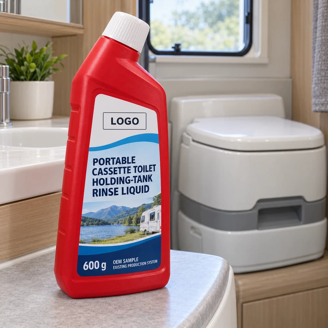 Red 600 g angled-neck bottle labelled portable cassette toilet holding-tank rinse liquid, OEM SAMPLE and LOGO beside a closed cassette toilet in a caravan washroom