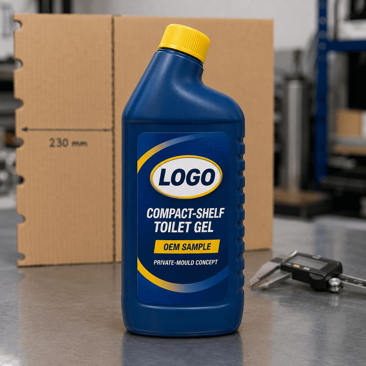 Illustrative petrol-blue 650 ml single-chamber private-mould bottle with low shoulder, yellow closure and integrated LOGO, COMPACT-SHELF TOILET GEL, OEM SAMPLE and PRIVATE-MOULD CONCEPT label beside a shelf-depth gauge