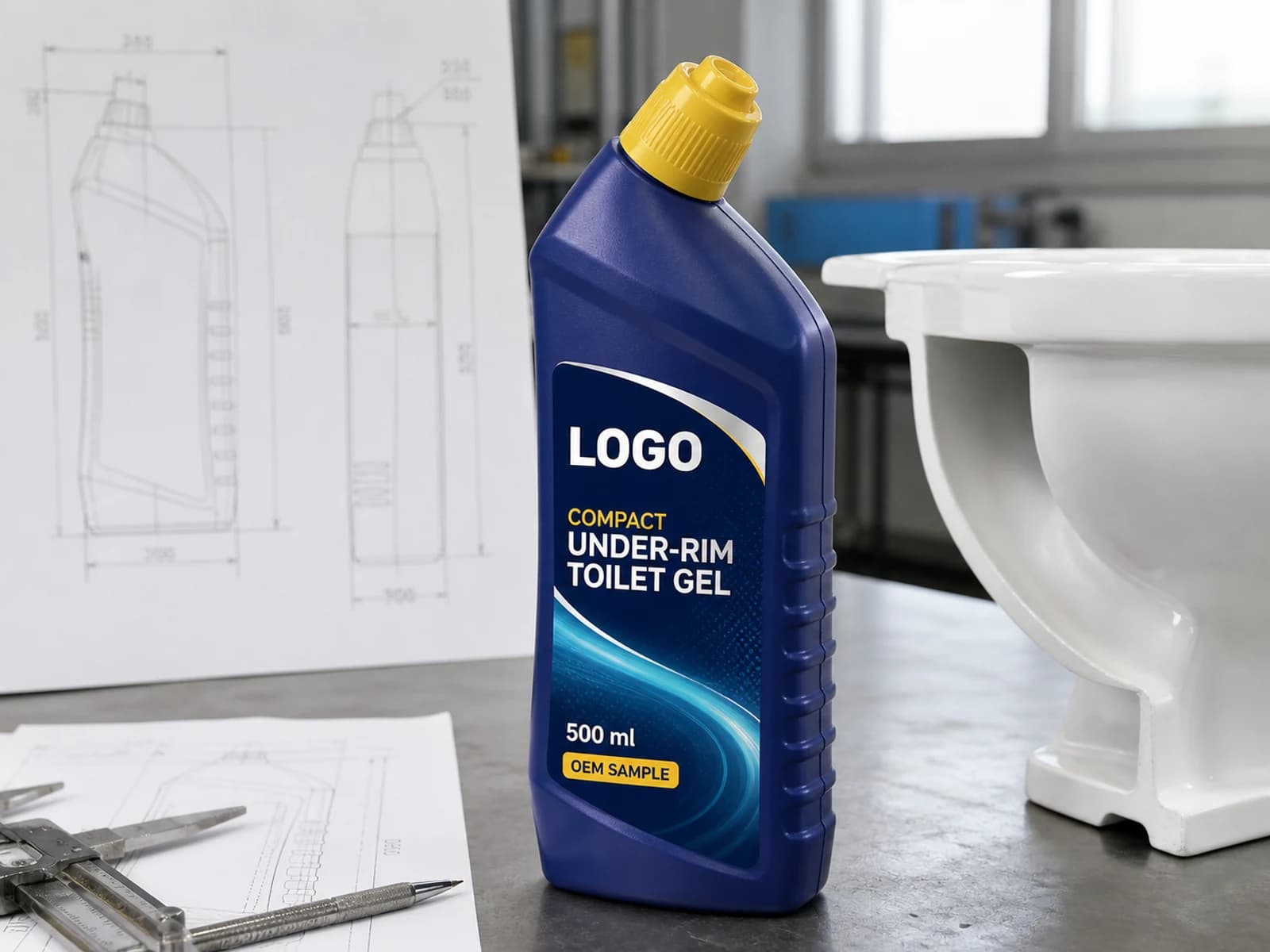 Illustrative cobalt private-mould compact angled-neck bottle labelled Compact Under-Rim Toilet Gel and OEM SAMPLE on an engineering bench