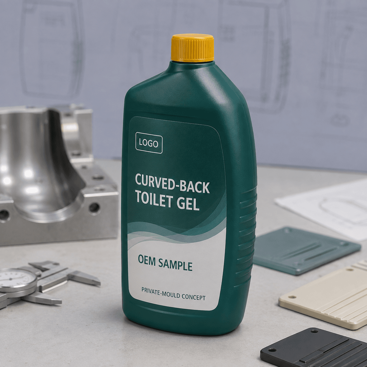 Illustrative deep teal 700 ml single-chamber private-mould bottle with curved rear profile, shallow side ribs, yellow closure and integrated LOGO, CURVED-BACK TOILET GEL, OEM SAMPLE and PRIVATE-MOULD CONCEPT label on a packaging engineering bench