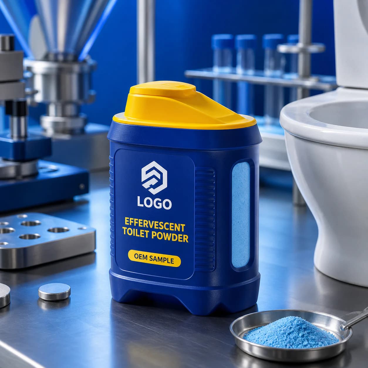 Illustrative blue private-mould effervescent toilet powder canister with yellow dosing spout and OEM SAMPLE artwork