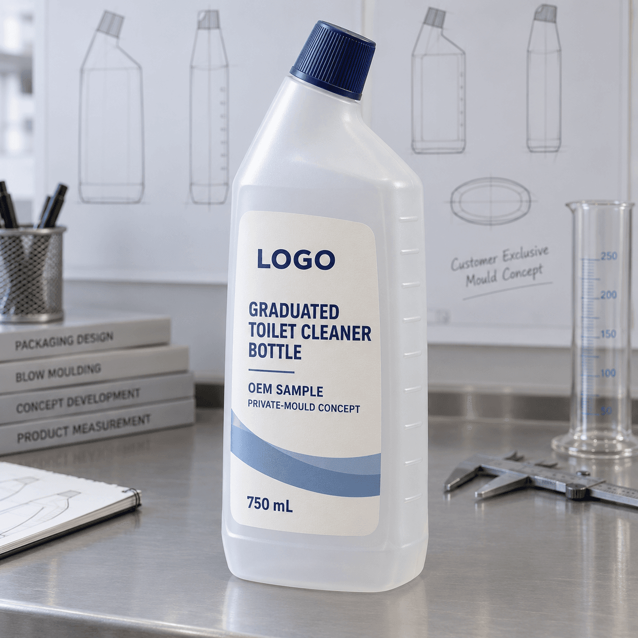 Illustrative translucent 750 mL private-mould toilet cleaner bottle with navy angled screw cap, raised side graduation lines and fitted LOGO, GRADUATED TOILET CLEANER BOTTLE, OEM SAMPLE and PRIVATE-MOULD CONCEPT label on a metrology bench beside calipers and a cylinder