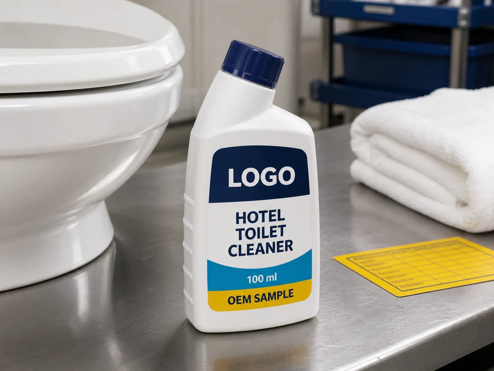 Illustrative white private-mould dose bottle labelled Hotel Toilet Cleaner, 100 ml and OEM SAMPLE on a housekeeping trial bench