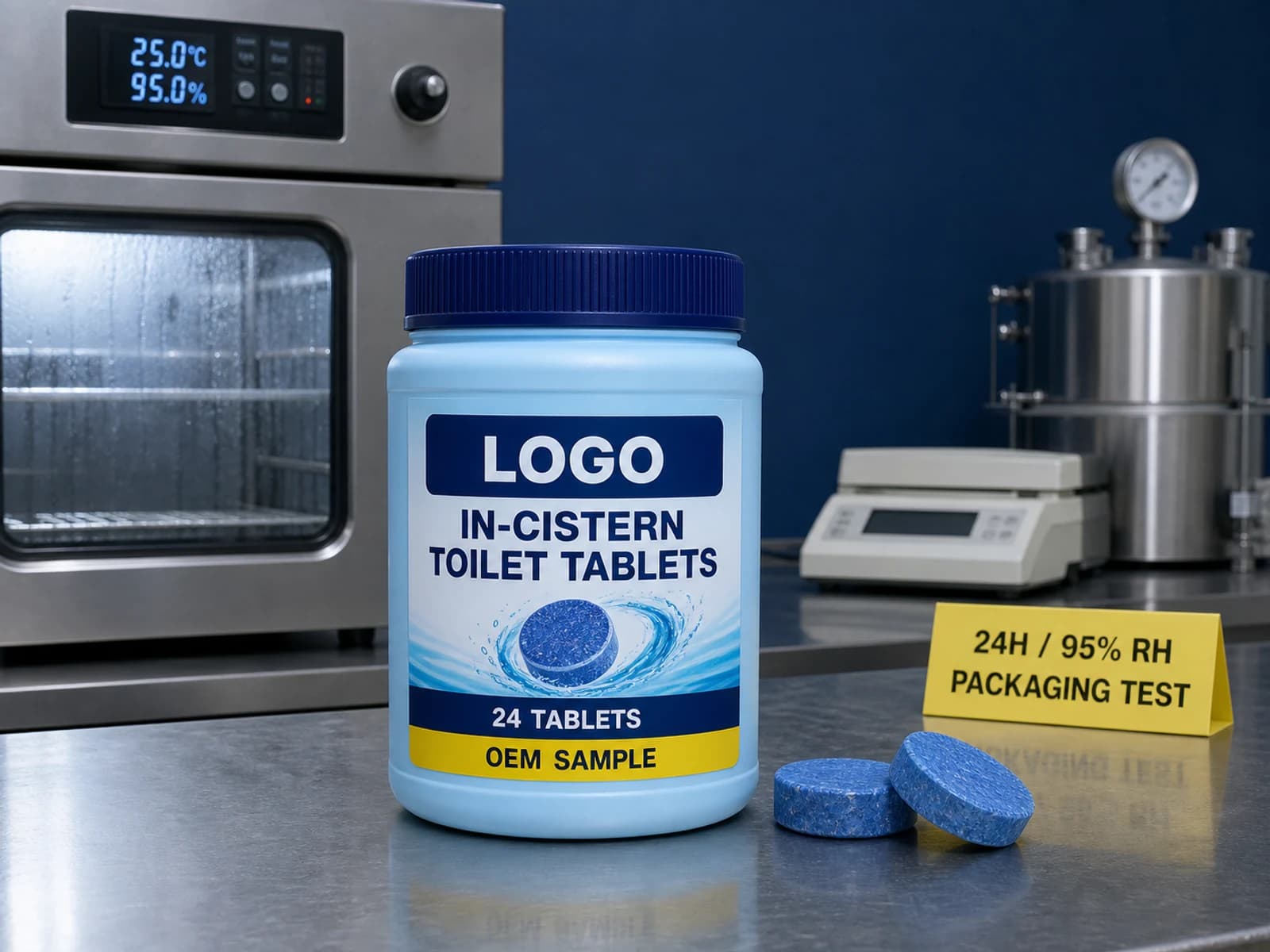 Illustrative pale-blue private-mould jar labelled In-Cistern Toilet Tablets, 24 Tablets and OEM SAMPLE on a humidity test bench