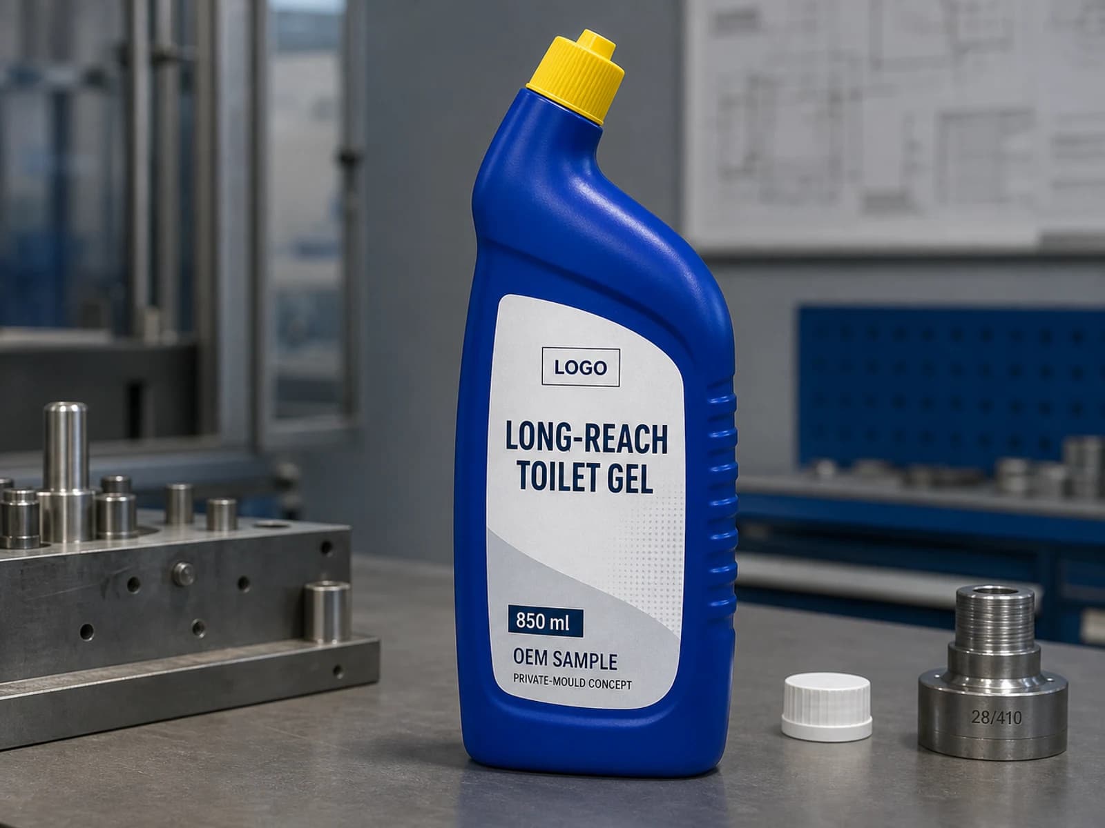 Illustrative cobalt-blue 850 ml single-chamber long-neck private-mould bottle with yellow closure and integrated LOGO, LONG-REACH TOILET GEL, OEM SAMPLE and PRIVATE-MOULD CONCEPT label on an engineering bench