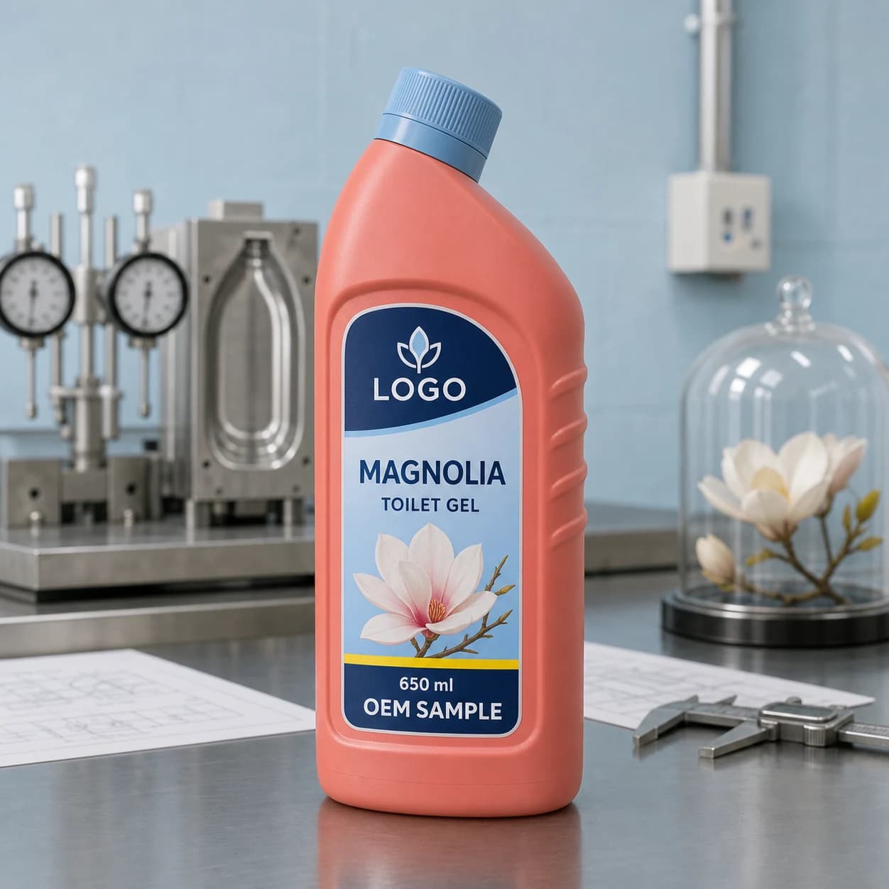 Illustrative muted-coral 650 ml single-chamber private-mould angled-neck bottle with pale-blue cap and integrated LOGO, MAGNOLIA TOILET GEL and OEM SAMPLE label on a packaging engineering bench