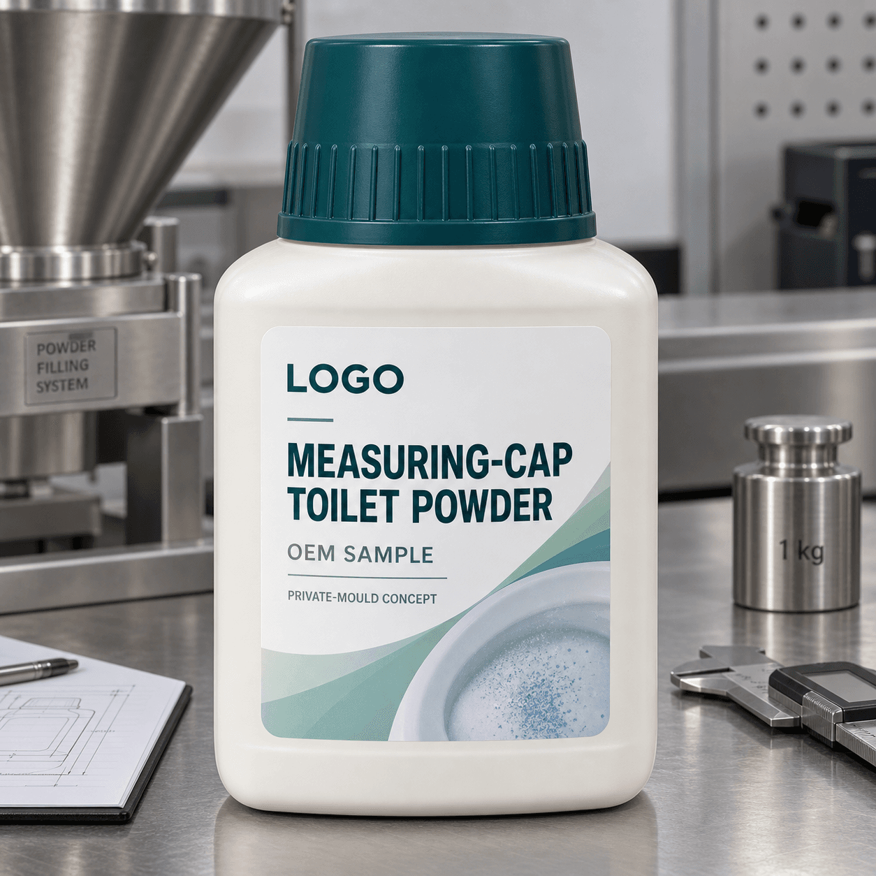 Illustrative off-white 750 g single-compartment private-mould toilet powder jar with deep teal ribbed measuring-cap closure and integrated LOGO, MEASURING-CAP TOILET POWDER, OEM SAMPLE and PRIVATE-MOULD CONCEPT label on a powder-packaging engineering bench