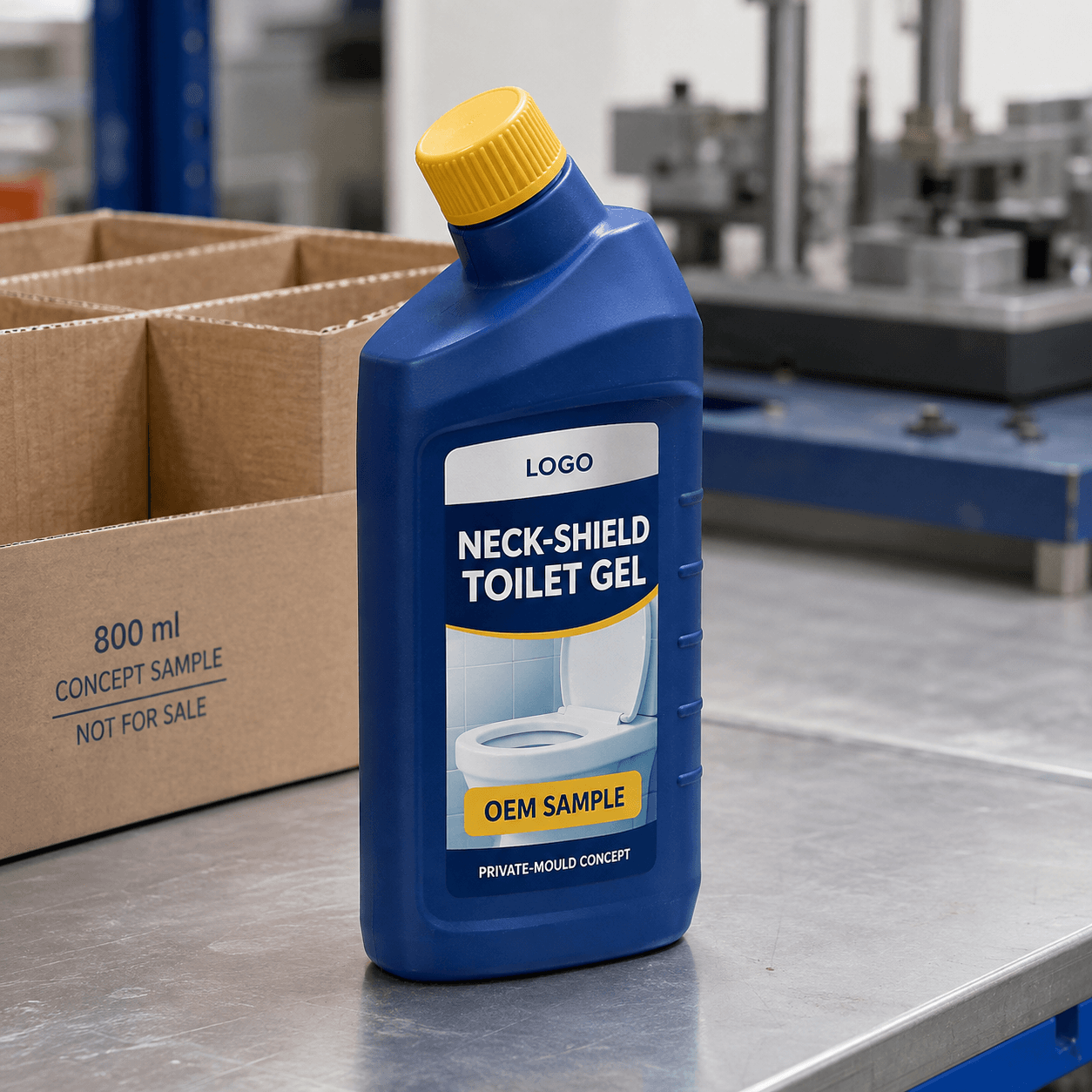 Illustrative petrol-blue 800 ml single-chamber private-mould bottle with integrated shoulder neck shield, yellow screw cap and LOGO, NECK-SHIELD TOILET GEL, OEM SAMPLE and PRIVATE-MOULD CONCEPT label beside a case-handling bench