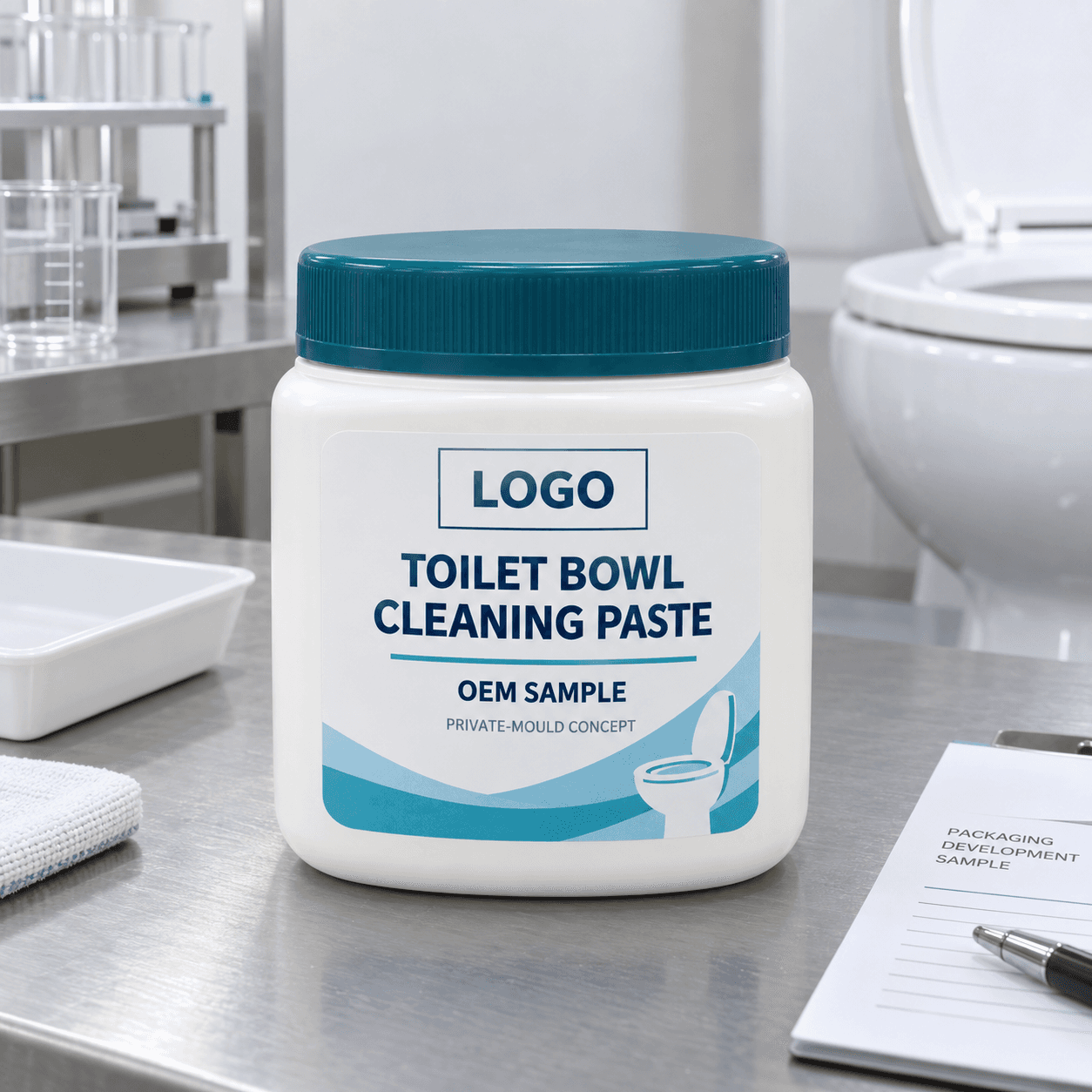 Illustrative warm-white 300 g single-compartment private-mould toilet bowl cleaning paste tub with deep teal ribbed lid and fitted LOGO, TOILET BOWL CLEANING PASTE, OEM SAMPLE and PRIVATE-MOULD CONCEPT label on a packaging engineering bench