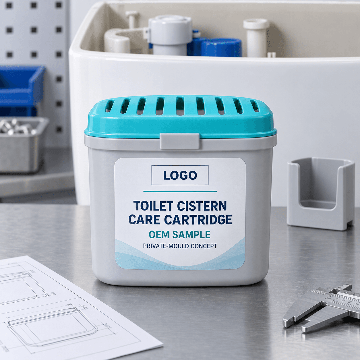 Illustrative pale-grey 240 g single-compartment private-mould toilet cistern care cartridge with turquoise vented cover and fitted LOGO, TOILET CISTERN CARE CARTRIDGE, OEM SAMPLE and PRIVATE-MOULD CONCEPT label on a cistern-packaging engineering bench