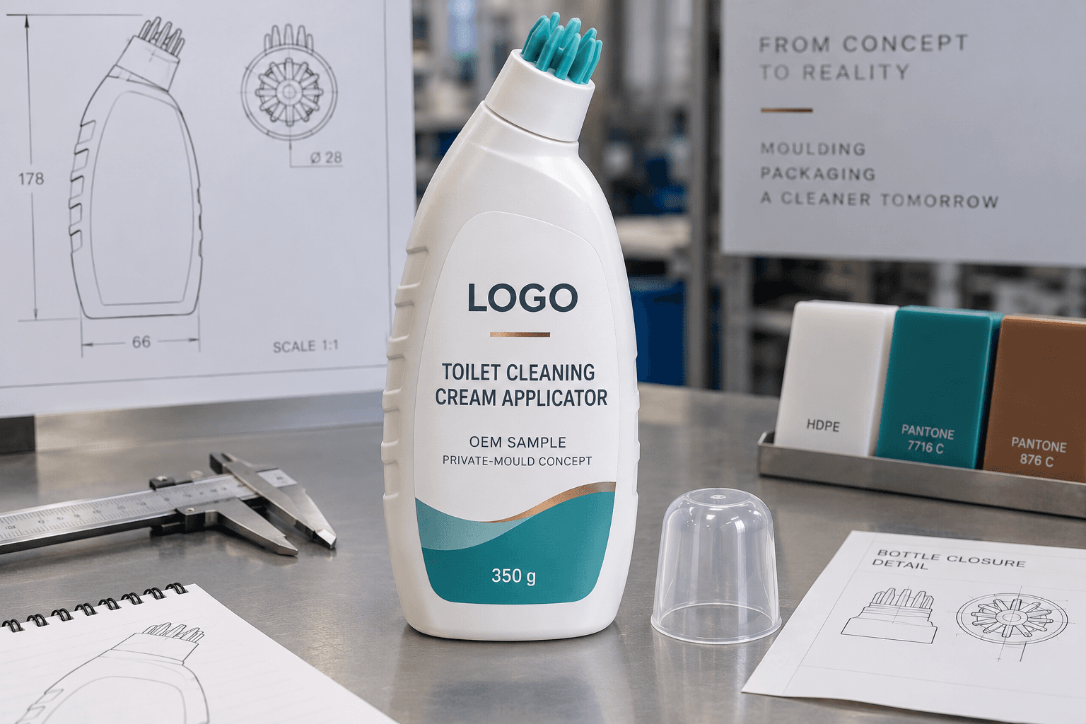 Illustrative warm-white 350 g single-compartment private-mould toilet cleaning cream bottle with teal flexible-fin applicator, clear overcap and fitted LOGO, TOILET CLEANING CREAM APPLICATOR, OEM SAMPLE and PRIVATE-MOULD CONCEPT label on a packaging engineering bench