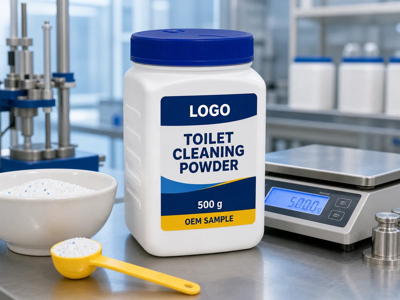 Illustrative white private-mould jar labelled Toilet Cleaning Powder, 500 g and OEM SAMPLE on a dosing test bench