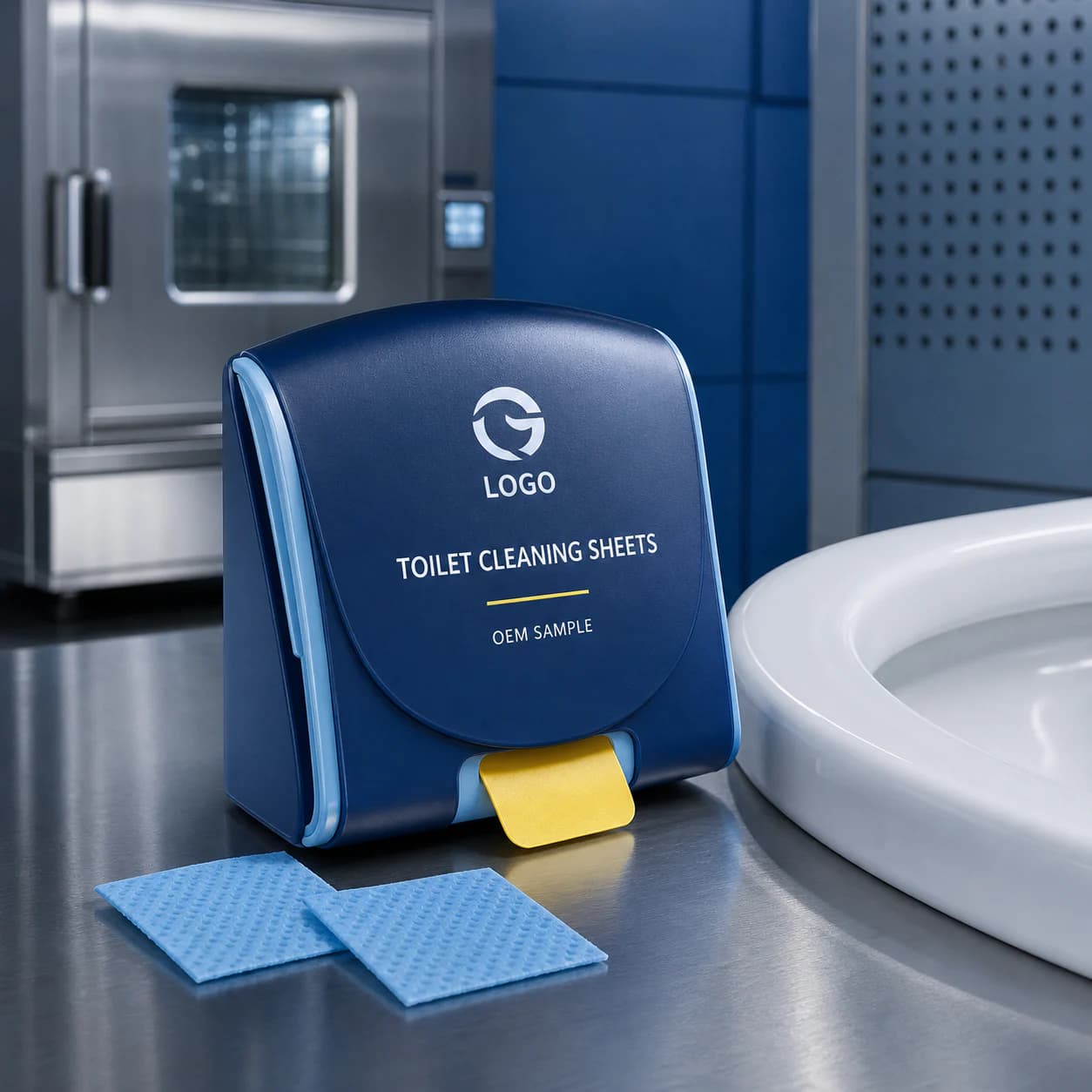 Illustrative deep-blue private-mould toilet cleaning sheet dispenser with two textured blue sheets and OEM SAMPLE artwork