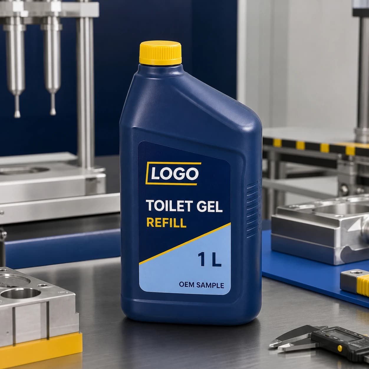 Illustrative deep-blue 1 L single-chamber private-mould toilet-gel refill bottle with short offset neck, yellow screw cap and integrated LOGO, TOILET GEL REFILL and OEM SAMPLE label on a refill-pack development bench
