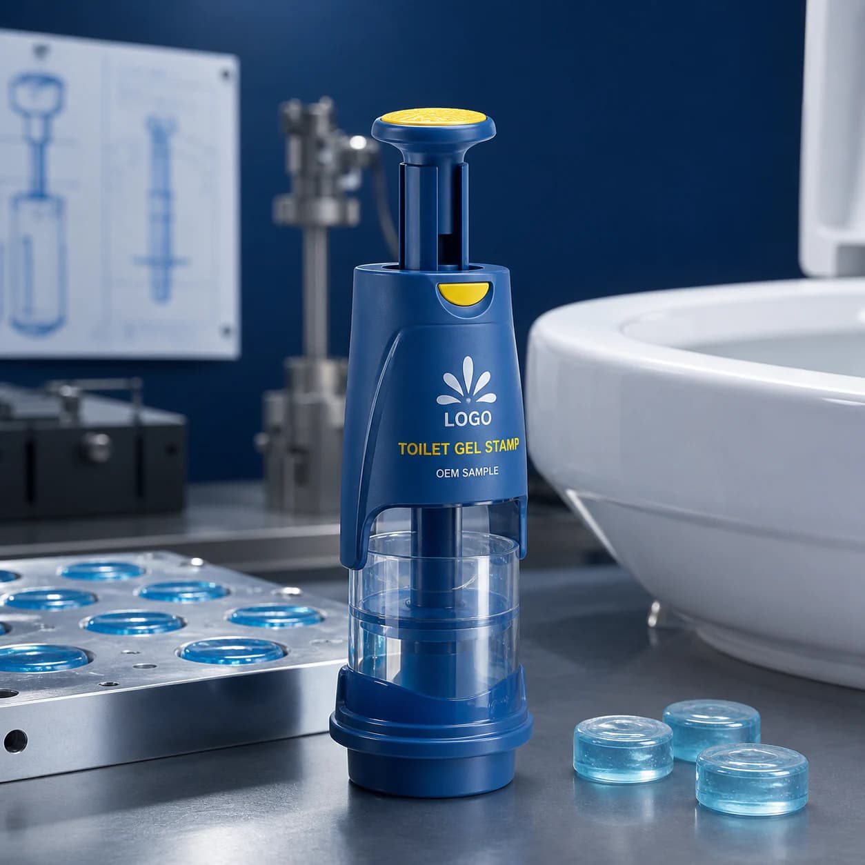 Illustrative blue private-mould toilet gel stamp dispenser with transparent cartridge and OEM SAMPLE marking