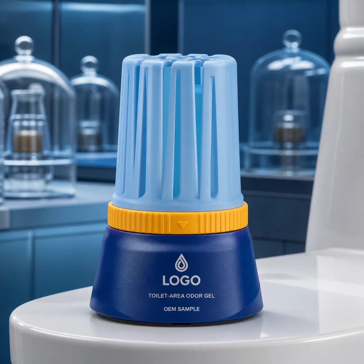 Illustrative blue private-mould toilet-area odor gel tower with yellow airflow control ring and OEM SAMPLE marking