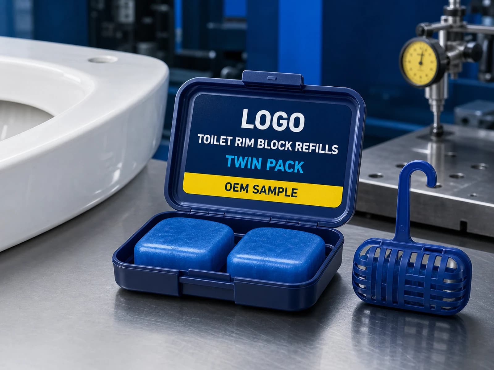 Illustrative navy private-mould clamshell labelled Toilet Rim Block Refills, Twin Pack and OEM SAMPLE beside conventional rim-block components